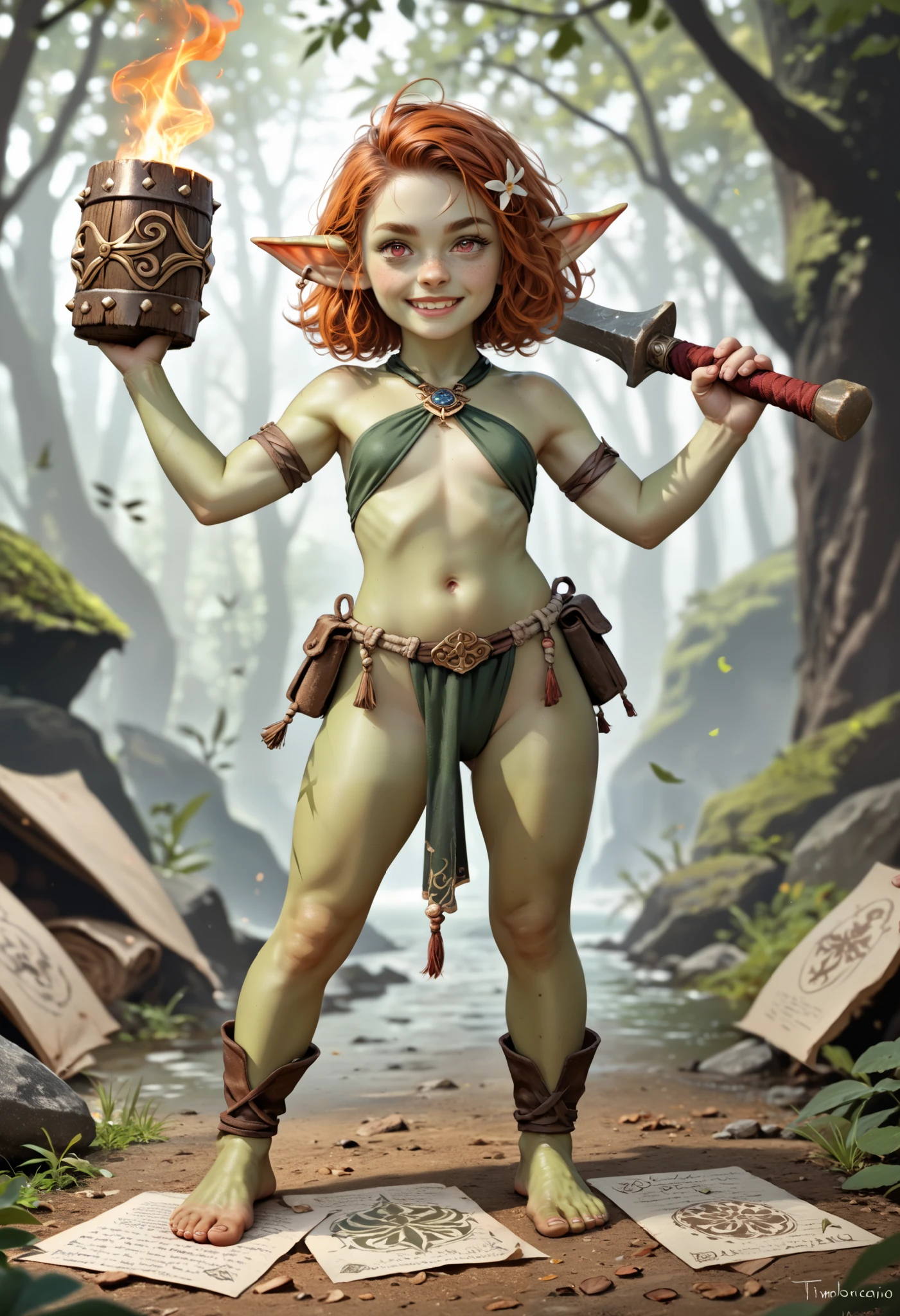 (masterpiece, best quality, amazing quality), (hand drawing:1.2), only black ink draw on yellow craft paper, old paper, scorched paper, Realistic character, cute goblin female, redhead, red eyes, full body portrait, holding a big hammer, nerdy, timbougami, akabur, skinny, revealing clothes, little smile, in battle, dynamic composition, intricate gloomy background, dark fantasy style, dark arts, depth of field, fighting