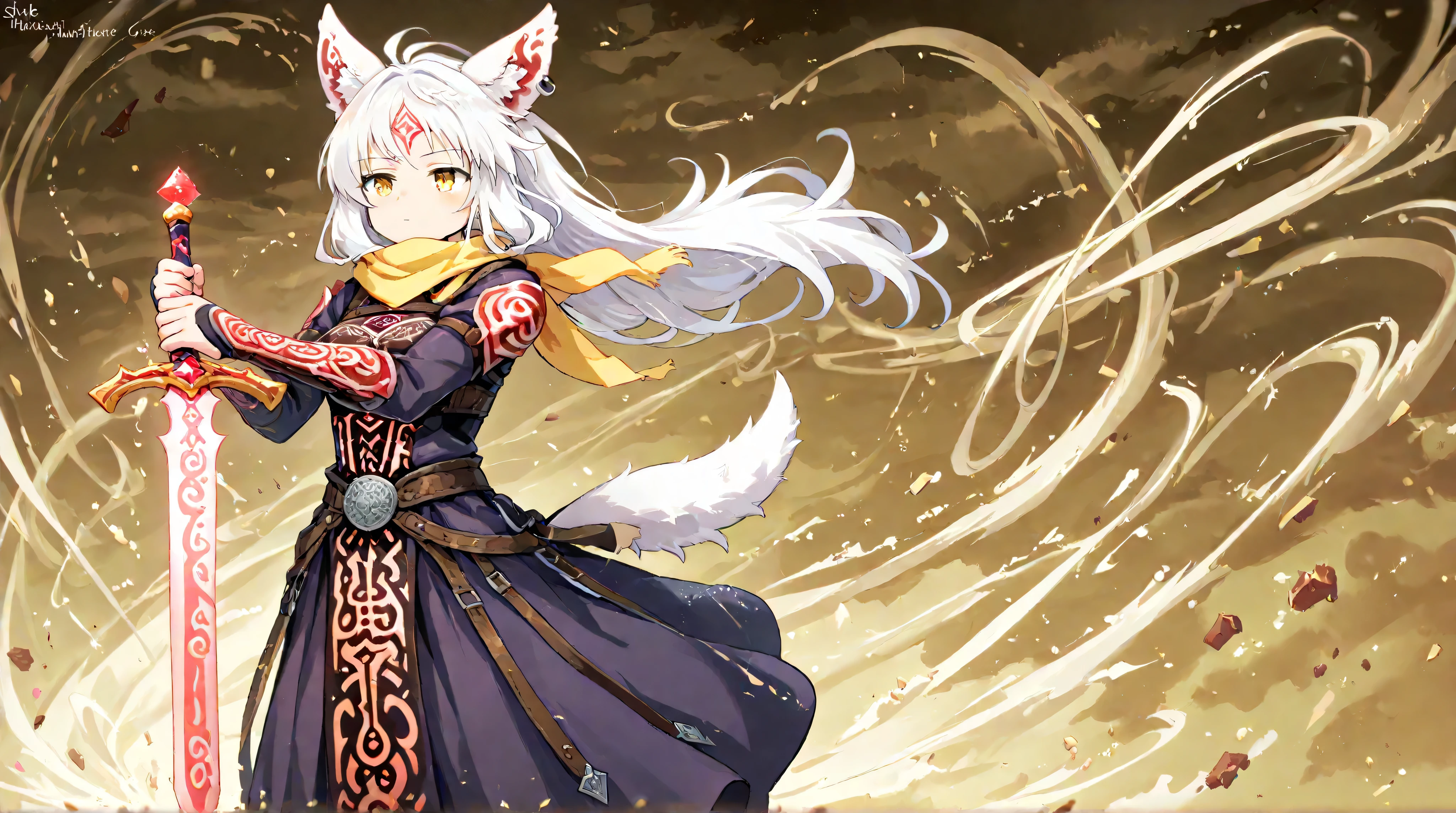 A warrior dog-eared girl with short, spiky white hair and bright yellow eyes filled with determination. Her dog ears are perked up, and her tail sways with confidence. She wears a leather armor set with intricate engravings, paired with a yellow scarf flowing in the wind. Her hands hold dual sword glowing faintly with magical runes.
She stand at dessert, alone.