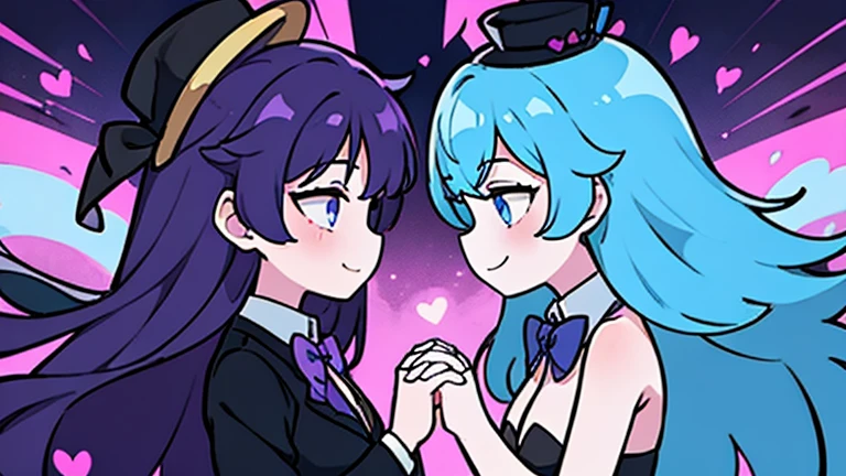dark show stage, wearing a black top hat, He is wearing a white suit, and a purple suit can be seen inside. black bow tie, wearing white suit pants, girl, purple suit girl,put a on your lap ,two girls,