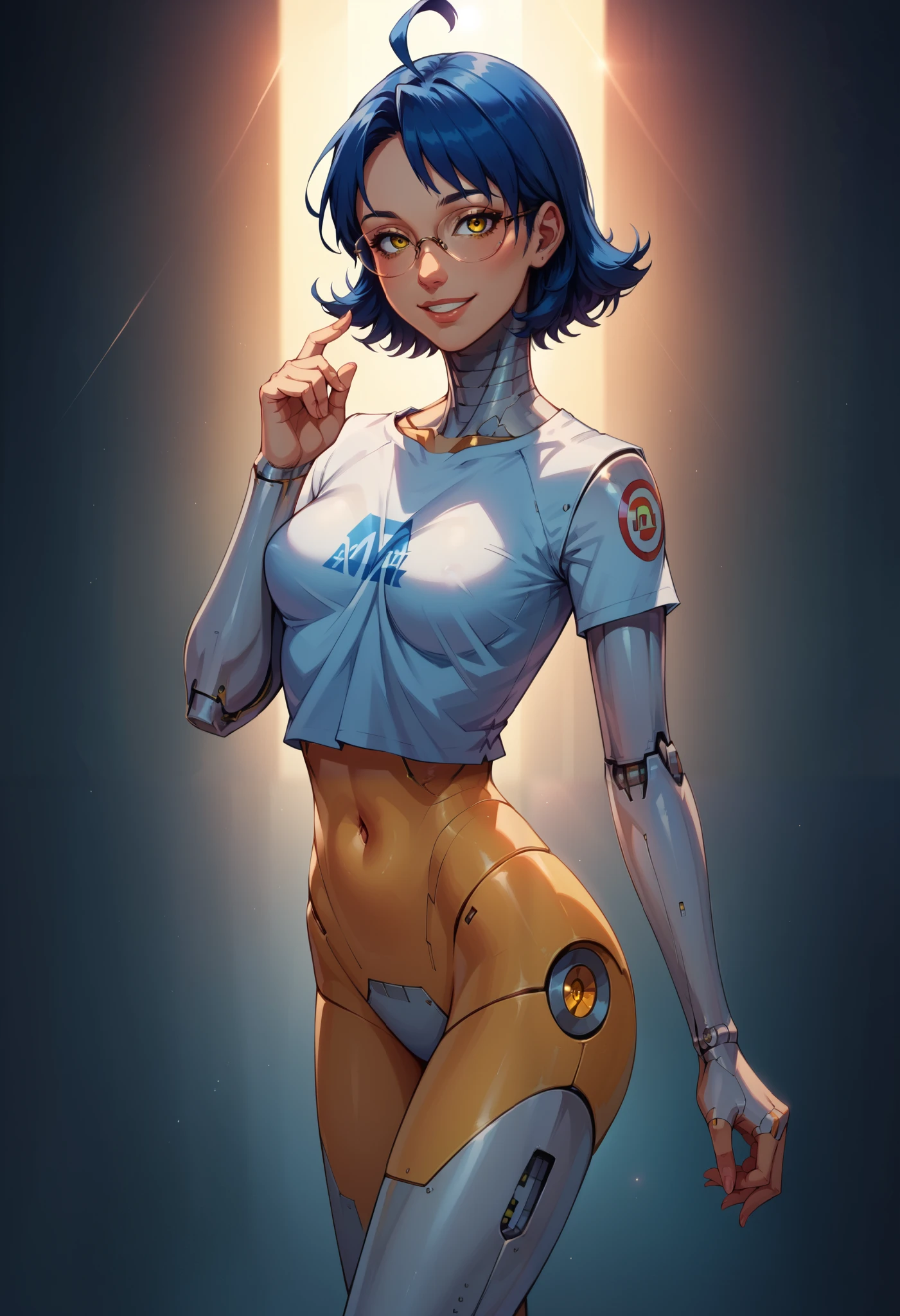 score 9 up, score 8 up, score 7 up, solo, shy smile, Standing at attention, dynamic pose, clear light skin, very Young girl, Beautiful Finger, Beautiful long legs, Beautiful body, perfect brown eyes, expressive eyes, looking at viewer, 8k wallpaper, perfect lighting, masterpiece, lens flare, vibrant color, (Beautiful small Breasts:1.2), (slender), rounded face, wearing only cropped turtle neck t-shirt, nude, rounded face, mz, ahoge, short hair, blue hair, yellow eyes, glasses, shy smile, look at you, by hajime sorayama, android-seams, doll joints, android joints, gynoid