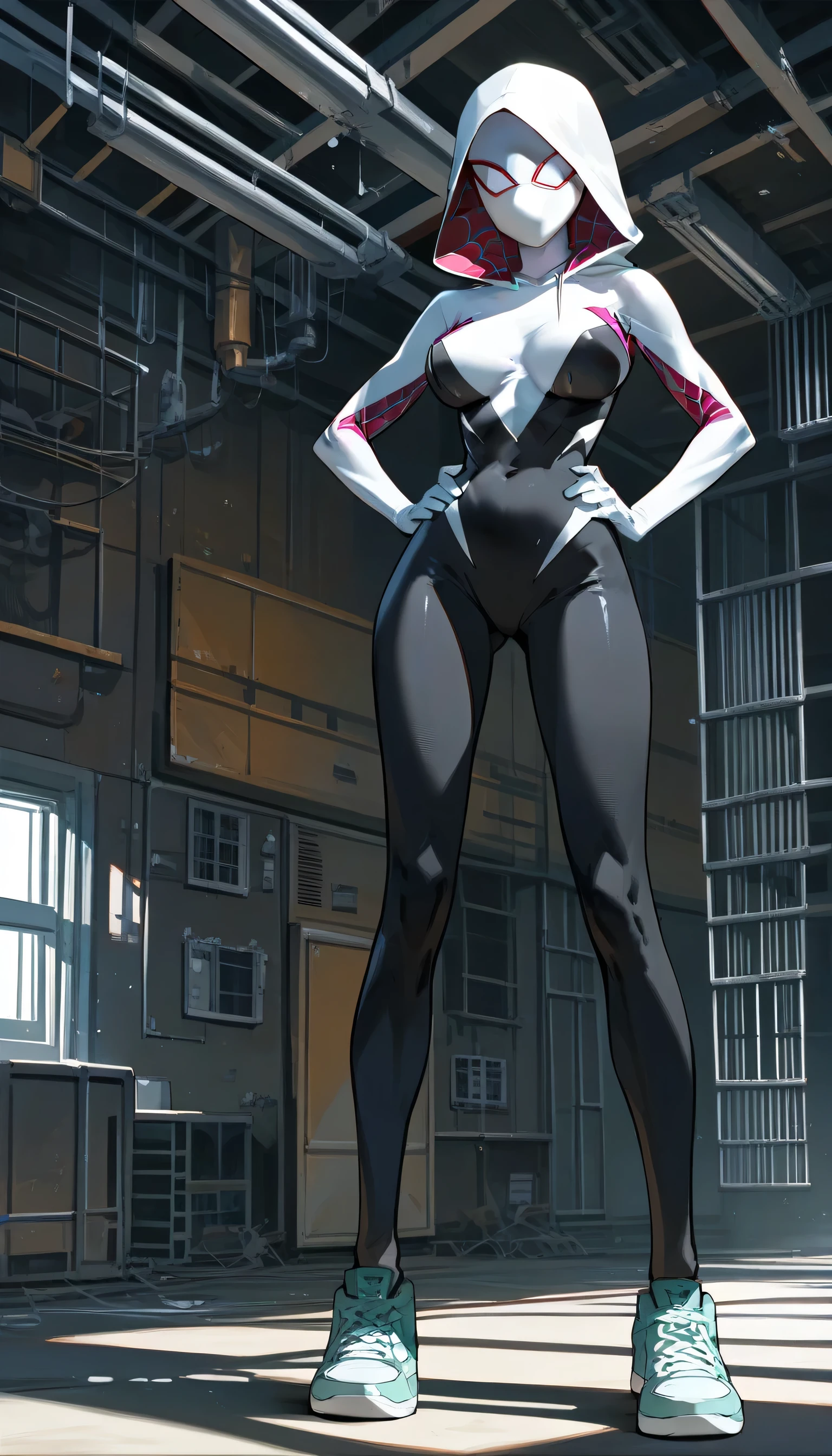 Masterpiece , best quality , Masterpiece , best quality , Spider Gwen , mask , body suit , abdomen , big breasts , hands on your hips.. , long legs , sneakers , abandoned factory ,