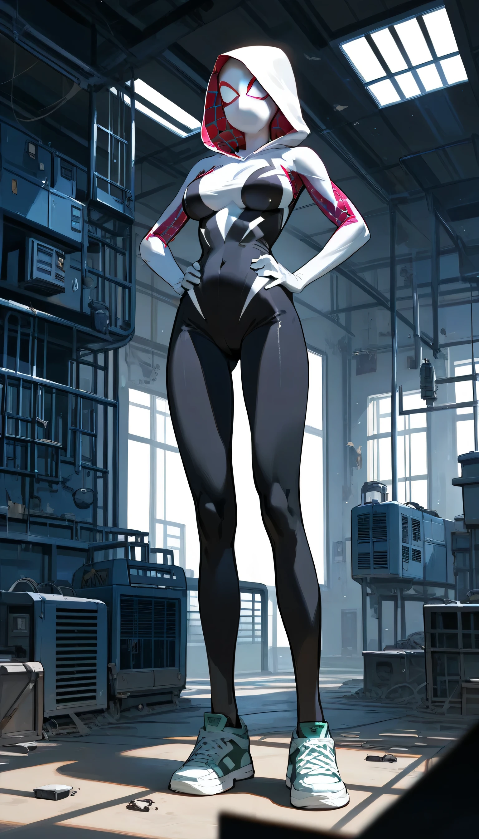 Masterpiece , best quality , Masterpiece , best quality , Spider Gwen , mask , body suit , abdomen , big breasts , hands on your hips.. , long legs , sneakers , abandoned factory ,