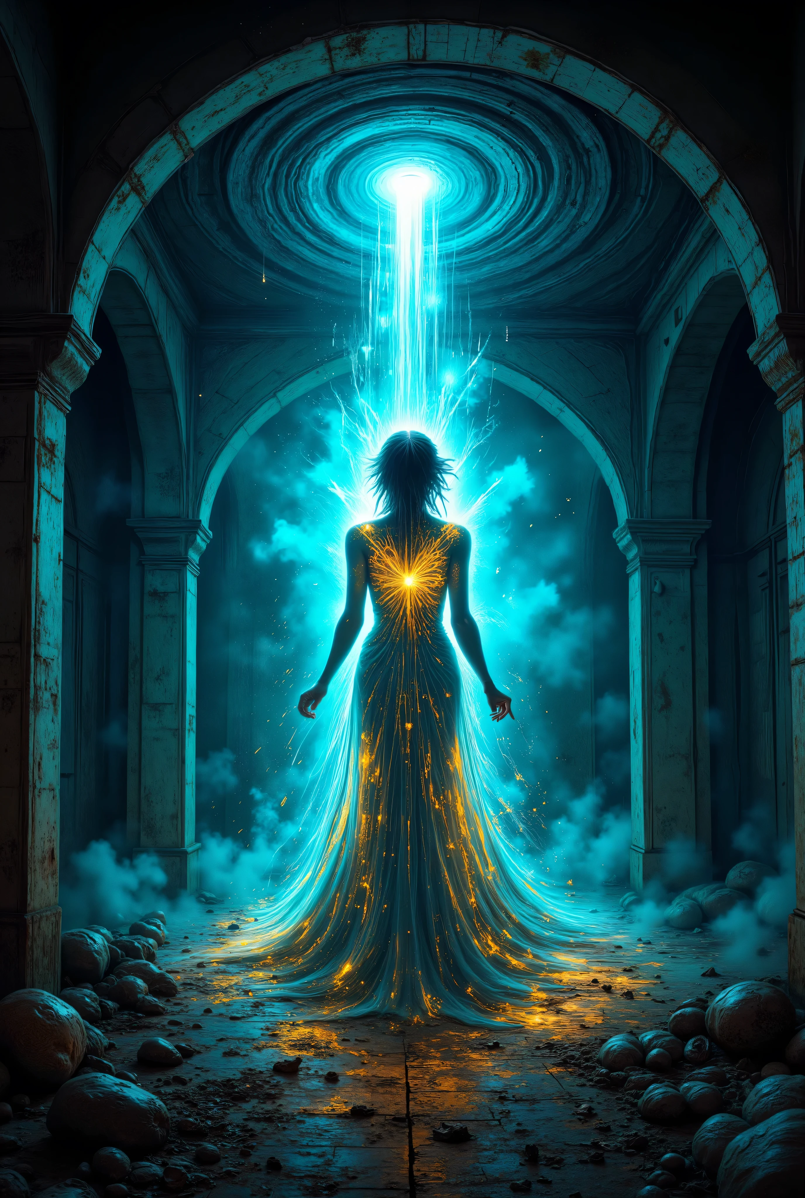 A serene, yet captivating digital artwork, blending the paradoxical harmony of chaos and order, reminiscent of the surrealist masterpieces of Salvador Dali, H.R. Giger, and Zdzisław Beksiński. A luminous, otherworldly female figure, draped in a flowing, diaphanous gown with an intricate, gold and teal pattern, adorned with mesmerizing zentangle doodles, stands poised at the center, radiating an aura of balance amidst the turmoil. Her delicate form is bathed in a soft, ethereal glow, as if illuminated by the gentle light of a thousand celestial bodies. The backdrop features a breathtaking, swirling vortex, evoking the melting, dreamlike quality of oil on canvas, with bold, vibrant brushstrokes and a predominantly matte finish, inviting the viewer to step into the realm of the surreal.