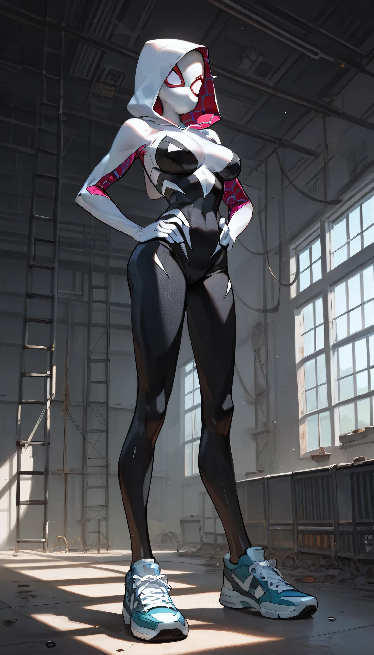 Masterpiece , best quality , Masterpiece , best quality , Spider Gwen , mask , body suit , abdomen , big breasts , hands on your hips.. , long legs , sneakers , abandoned factory ,