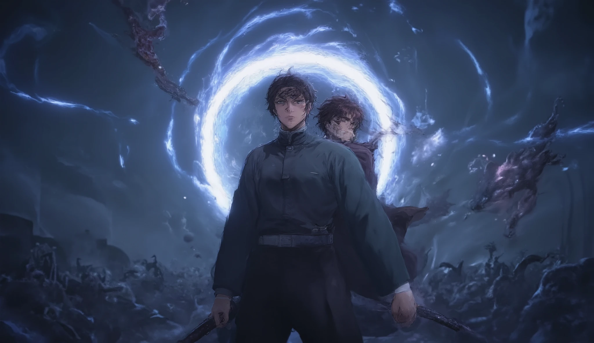 Generate a picture of Tanjiro from Demon slayer, and Jin Wu from solo leveling, getting ready to fight side by side against an army of demons and monsters, with a blue portal breaking in the background