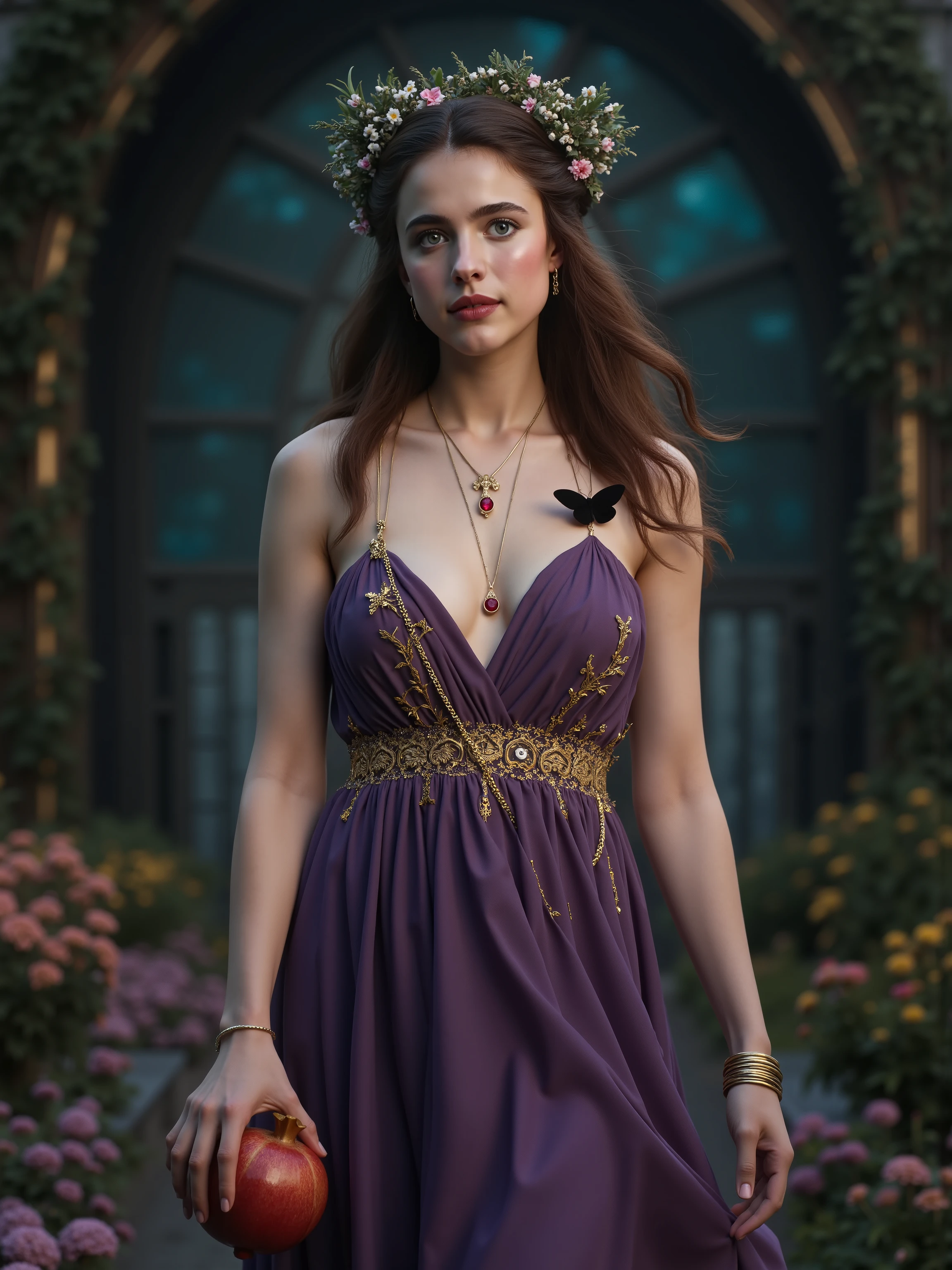 Margaret Qualley reimagined as a majestic hot and gorgeous Greek goddess Persephone walking and holding ripe pomegranate、1 female、 full figure, full body, cleavage,
delicate, ethereal beauty with soft, expressive hazel eyes that hold both innocence and mystery. Her long, dark brown hair flows in loose waves, adorned with a delicate crown of pomegranate blossoms and ivy, symbolizing her dual nature as goddess of spring and queen of the underworld.
She wears a flowing, two-toned gown – the upper half a soft pastel green representing spring, and the lower half a deep, midnight purple symbolizing the underworld. Gold vines and tiny floral patterns are intricately embroidered along the hem and bodice. A thin gold chain belt with pomegranate-shaped charms drapes around her waist, and a matching necklace with a single ruby pendant rests against her collarbone. Her wrists are adorned with delicate gold bangles, and she holds a ripe pomegranate in one hand, its crimson seeds glistening. A black butterfly, symbolizing transformation and the soul, rests gently on her shoulder.
big breast、 alluring 、shows her female character's full figure, athletic body, perfect face, full body, extremely beautiful, goddess, female shape, perfect anatomy, The background showcases A twilight meadow blooming with wildflowers, transitioning into a shadowy underworld entrance framed by twisted vines and glowing ethereal light, blending life and death seamlessly, photorealistic, masterpiece, realistic, high contrast, 8k, HD, high definition detailed, detailed, hyper detailed, realistic skin texture, best quality, ultra high resolution, hyper realistic, no text, very detailed eyes, dramatic lighting