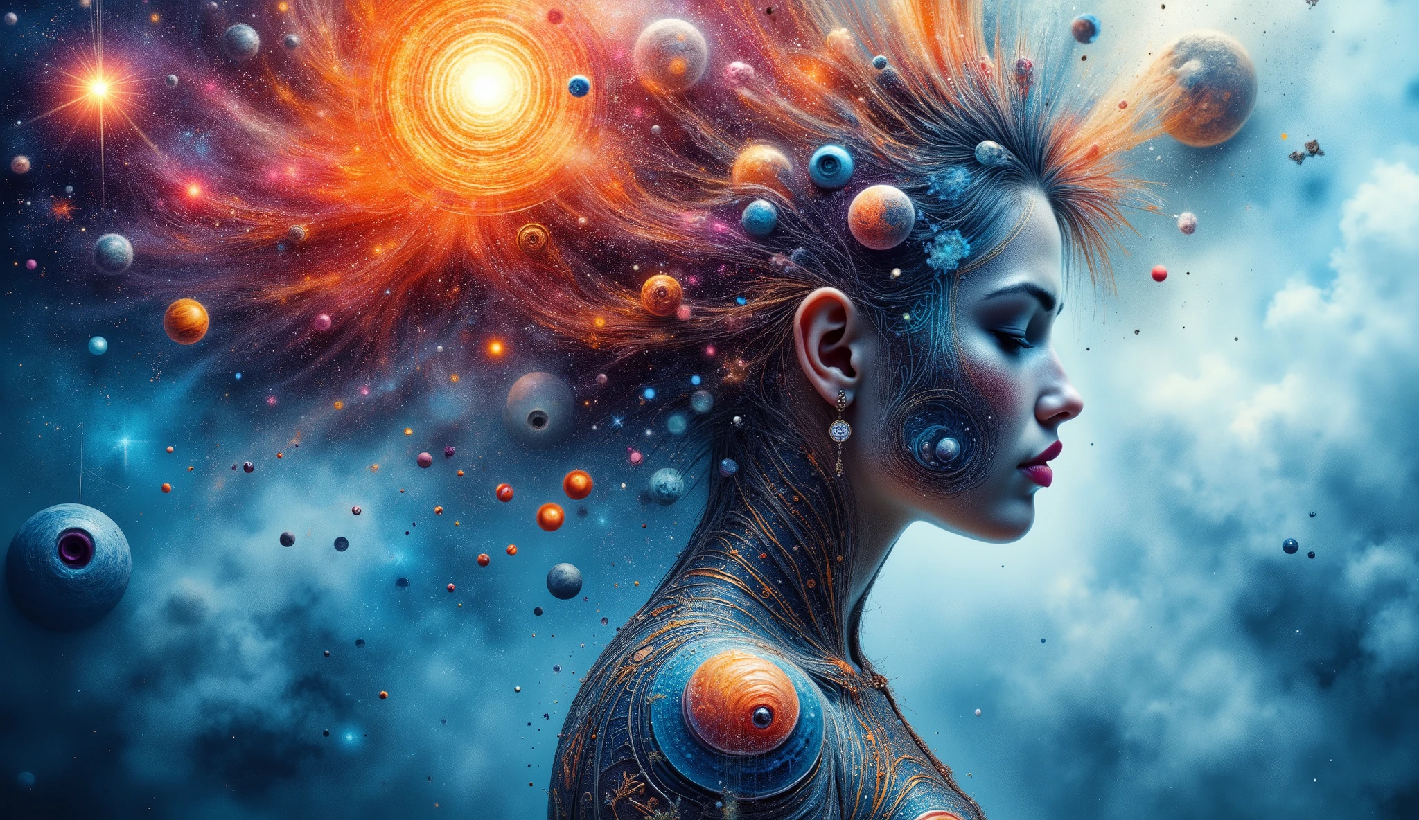 a profile of a woman with intricate tattoos on her shoulder. Her hair appears to blend with a vivid explosion of colors and shapes, symbolizing celestial elements like planets and cosmic phenomena. These elements emerge from her head, creating a surreal and dreamlike atmosphere. The background is a gradient of blues and whites, enhancing the ethereal quality of the piece. The overall composition evokes themes of creativity, connection to the universe, and the depths of imagination.