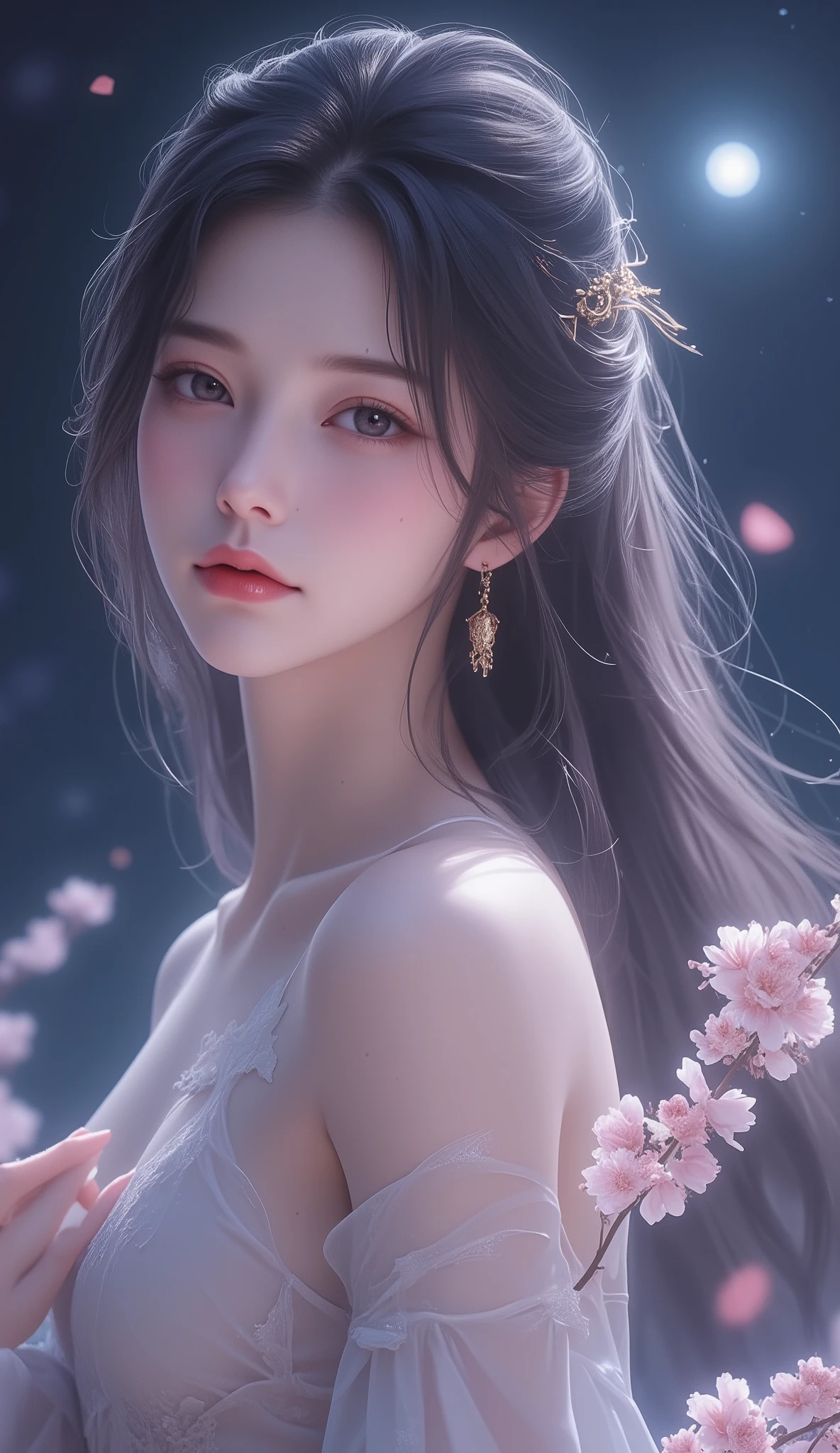 charming women are the most beautiful, Silent dark night , shining with cherry blossoms , Moonlight ,