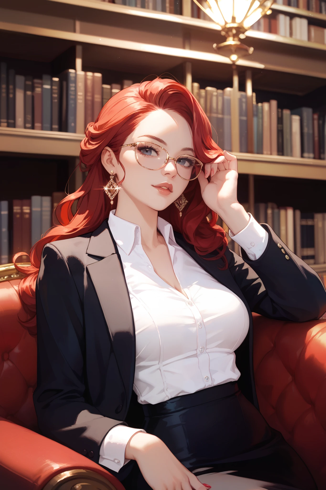 score_9, score_8_up, score_7_up, score_6_up, anime_source, thicc female lawyer, English court, from side, bending forward, leaning on a table, black lawyer robe, deep cleavage, orange hair, hair bun, green eyes, glasses, necklace, busty, 
