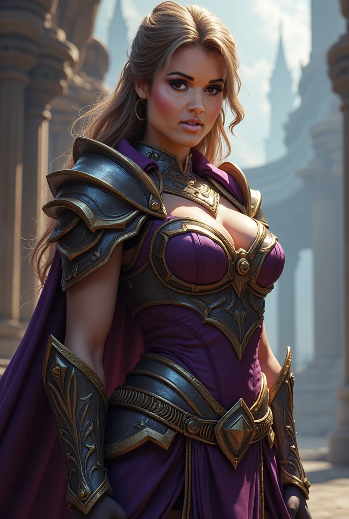 masterpiece,best quality,illustration,official art,unity 8k wallpaper,hyperrealism,ultra detailed,dynamic angle,(Golden armor:1.2),helmet,leoarmor,(floor-length cloak:1.6),1girl,solo,(full body:1.4),(Black fun underwear:1.1),(exposed thighs:1.2),(Overlooking the viewer:1.1),(Upper body:1),(Slender thighs:1.5),Model figure,(narrow waist:1.3),wide hips,Sexy figure,(Blue eyes:1.3),thick hair,(short hair:1.2),prehensile_hair,(brawn hair:1.3),(C cup:1),(greece:1.1),(Greek stone pillar:1.2),outdoors,An exaggerated pose,Contrast composition,confident expression,confident posture,walking