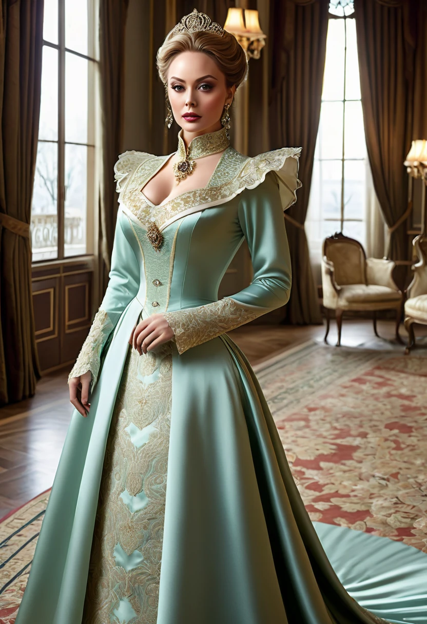 There is a beautiful woman, blue eyed blonde, (in dark-green and white dress), (Victoria style suit), 1 8 7 0 s Seasonal clothing, Victorian Clothes, victory, victorian dress, 1 8 8 0 s style, in victorian aristocrat, usando Victorian Clothes, intricate victorian dress, victorian inspired clothing, com Victorian Clothes, wearing clothes from the 1860s,very long eyelashes, half open mouth, a whole body photo,big diamond collar, big diamond earrings,pink shiny lipgloss, big breasts, very tiny laced waist, corseted women,full body photography, full body shot