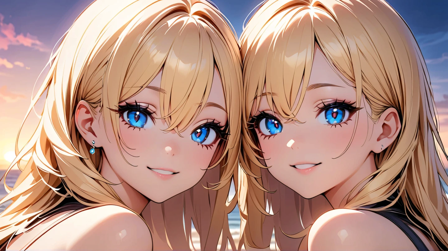 pretty girl, (??? 1.3), cute, happy, blonde hair, Two-pronged, red eyes, gentle looking eyes, summer