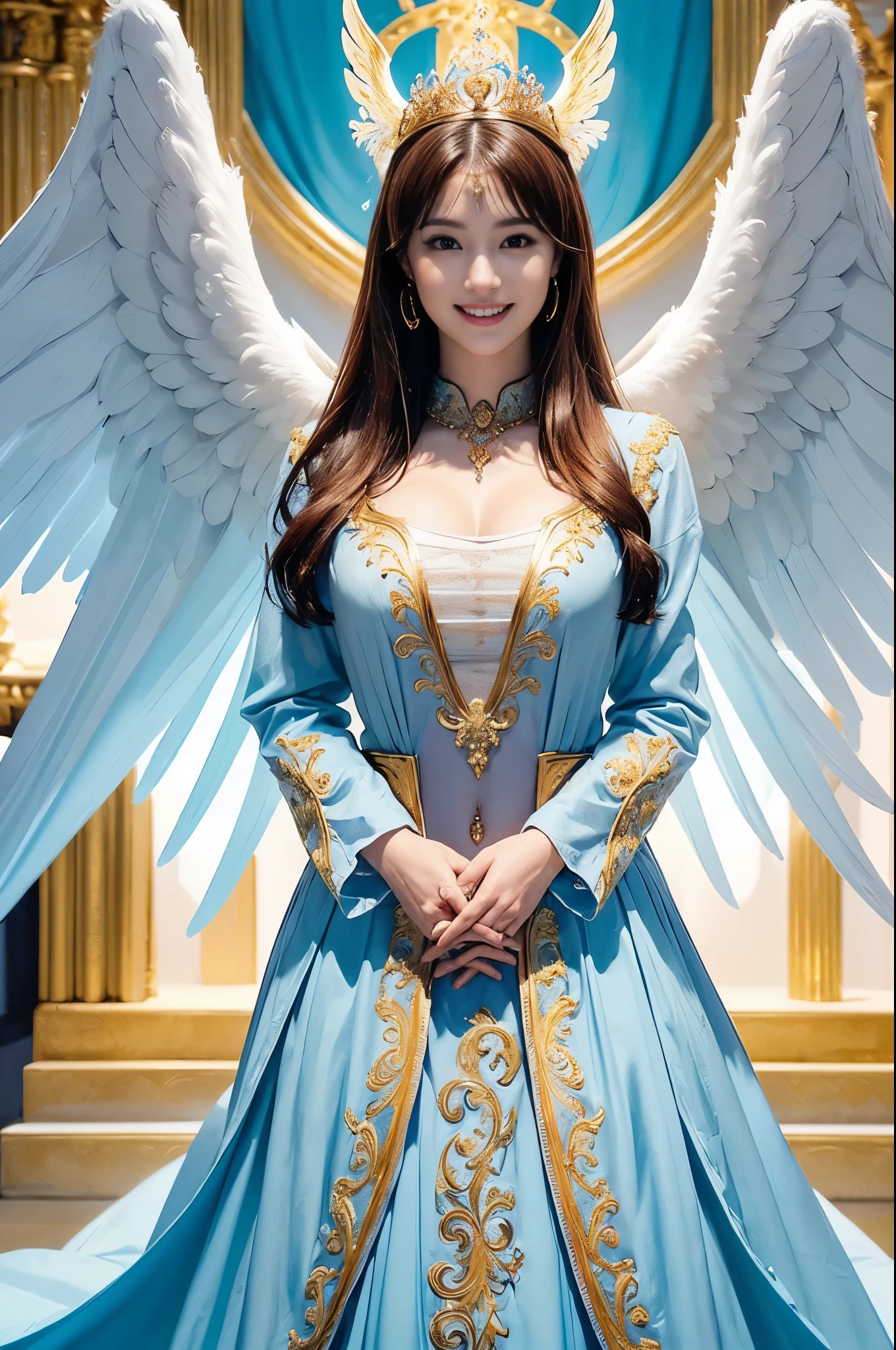 ((Very beautiful angel queen,The final form as a perfect angel, the masterpiece of an angel,Huge and intricate angel wings,The most dignified wings,Golden light,shining background,The most opulent and holy temple background,White and gold temple background,King of Angels,The most dignified angel,Intricate and solemn dresses,Light blue and gold embellishment dress on white,Light blue and gold dress on white base,Complex and majestic angel figure,The most majestic figure of the devil,The most intricately depicted figure of an angel,The World's Most Beautiful,Unimaginable beauties,divine atmosphere,The most intricate and beautiful dresses,Intricate reproduction of the perfect angelic detail,The figure of an unimaginably gorgeous angel,The figure of an unimaginably huge angel)), (((Tyndall effect;1.45))), ((Most beautiful face,Half Japan and half Spanish,The biggest happy smile,Beautiful wavy hair,Black and red hair,The most luxurious and intricate dresses,The biggest smile looking at the camera)),(Elegant standing figure,Fold your hands in front of your navel,)),Chest that seems to burst,Giant wings of angels,The background is the appearance of a perfect angel castle,Masterpiece,8K,very intricate,ultra-detailliert, nsfw
