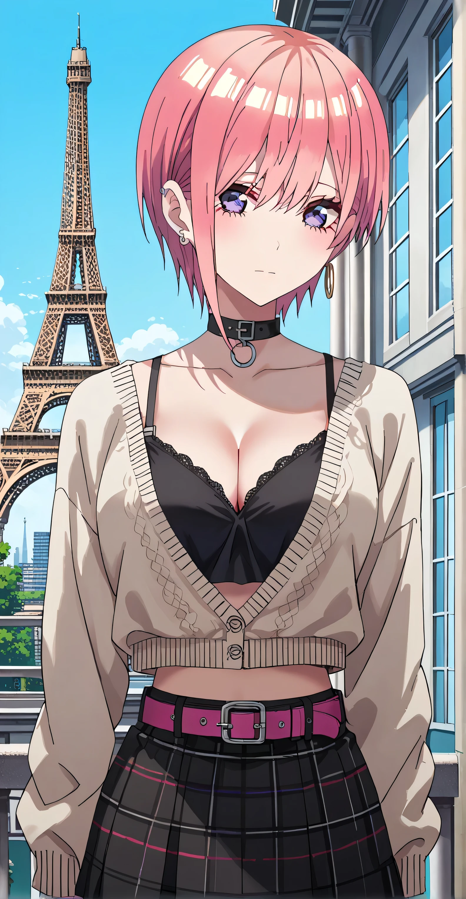 Nakano ichika, pink hair, short hair, Purple  eyes, earrings, ear piercing, score_9, score_8_up, score_7_up, source_anime, masterpiece,best quality, medium breasts, flash gyaru, ((Black Spaghetti strap, crop top overhang, White Cardigan, cleavage, choker, Skirt, belt, ear ring, stocking)), (masterpiece best quality:1.2), Shy, looking at viewers, delicate illustration ultra-detailed,) BREAK (Eiffel tower) outdoors, night, detailed background.