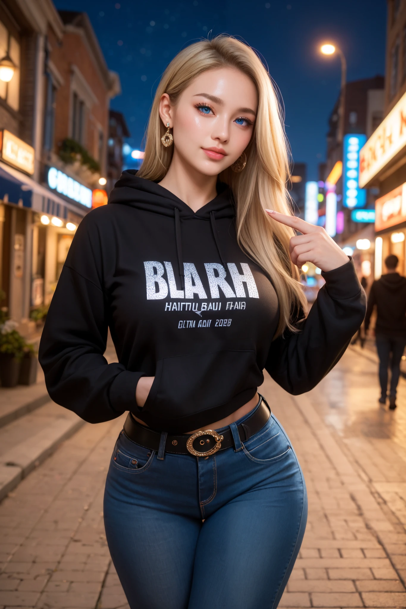  tall with blue-green eyes, long blonde hair with small shorts and a dark blue sweatshirt that is large and covers the shorts. A has her hand in her pocket and her name is Clara . This is a Disney advertising poster 