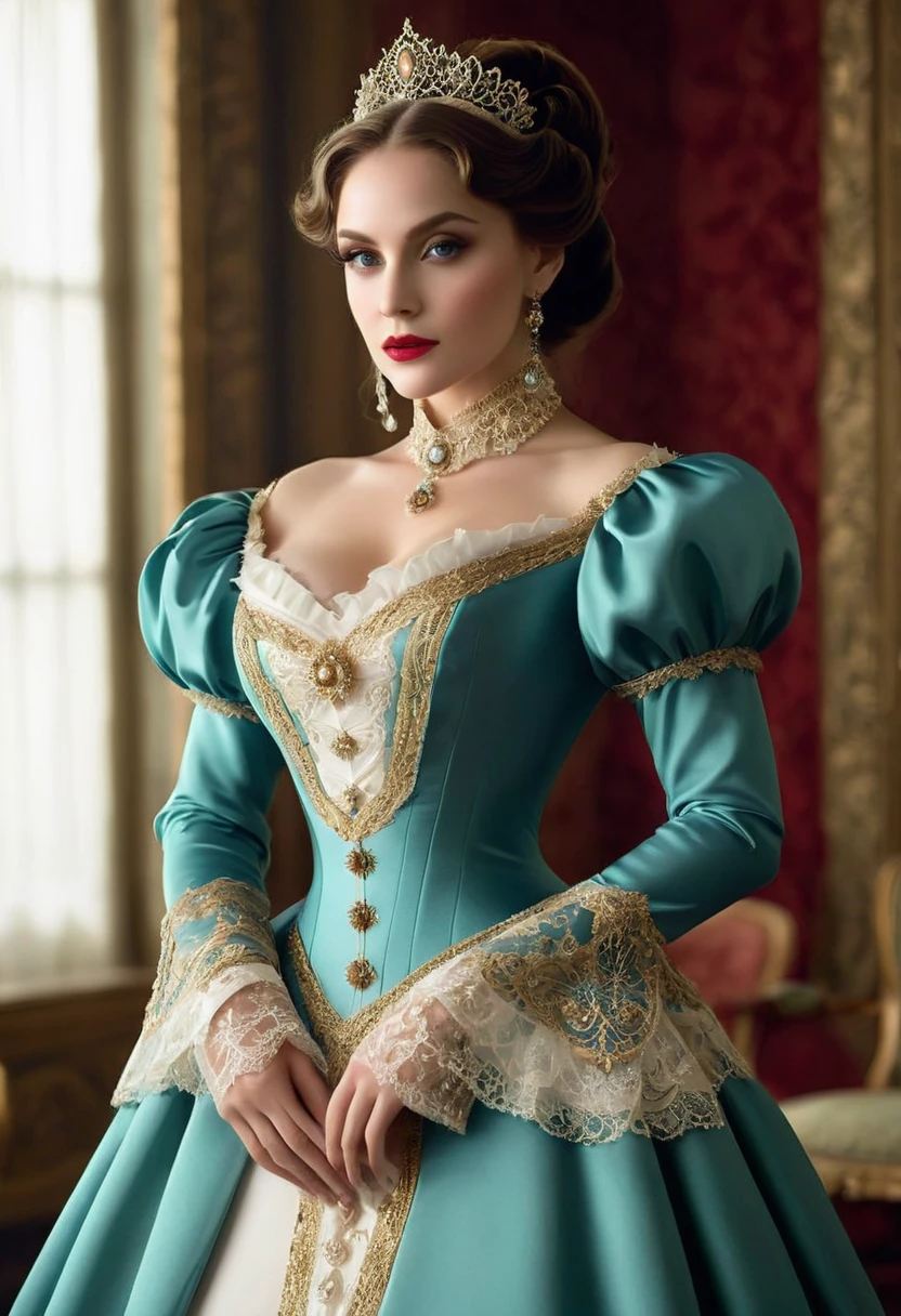 A beautiful Aristacrat woman with large elegant, hawk-like-nose, who embodies old fashioned class, sophistication, elgance as well as wholesome, natural beauty. curvy, thin-waist, wide-hips, swaying-hips. ALison Brie, Scarlett Johanson, Selena Gomez. Oppulent historically accurate victorian dress. 