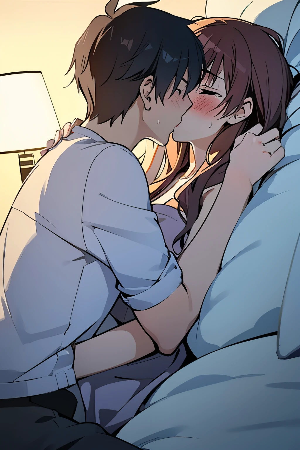 Boy and girl aggressively making out, on bed, night time, curious, nervous, blushing, sweating, first time