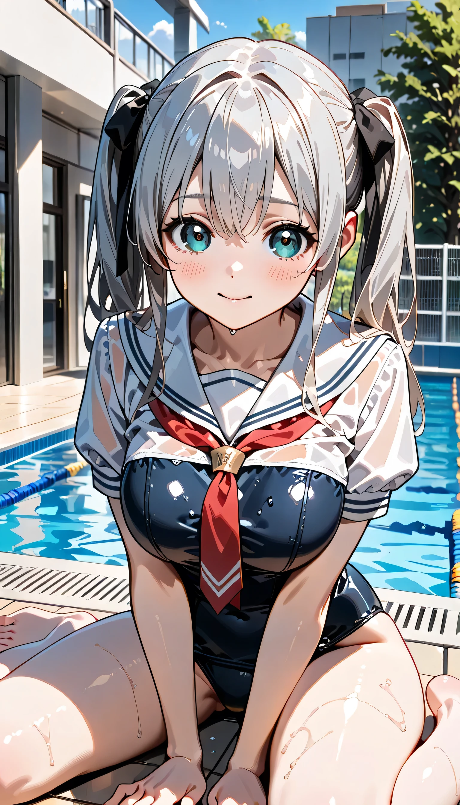 ((ultra-detailed)), (highly detailed CG illustration), (best quality:1.2), ultra-highly detailed, colorful composition, artistic photoshoot, 1girl, solo focus,  ((thigh to top:1.4)), ((cowboy shot:1.4)), moe anime character,  girl, dainty facial structure, (bab(round face), ((rounded chin:1.2)), ((ideal ratio body proportions)), celia-default, celia claire, (blue eyes), sparkle eyes, silver hair color, two side up, (hair ribbon with red), ample breasts, (white sailor school uniform top), (red tie), (school swimsuit), (blue one-piece swimsuit), (sailor collar), (beautiful see through white sailor school uniform), ((wet clothes)), ((wet body:1.4)), ((shy)), ((blush)), ((bashful)), ((coy)), ((demure)), ((looking at viewer)), ((sitting on floor)), ((wariza:1.4)), ((V arms)), ((in school swimming poolside)), best quality, masterpiece, ((beautiful detailed sky)), ((sunshine pouring down)), ((from behind:1.4)), expecting, pink cheek, blush, light pink gloss slip, portrait, depth of field, soft lighting, sidelighting, (shine), lighting, caustics, ray tracing, smile, perfect face, lustrous skin, highly  detailed face, highly detailed eyes, perfect face, perfect nose, perfect hair, perfect eyes, perfect anatomy, beautiful hair, beautiful small face, extremely detailed face, beautiful detailed eyes, beautiful clavicle, beautiful body, beautiful huge breasts, leavage, breasts squeezed together, equalize the size of the left and right breasts, beautiful thin thighs,  beautiful legs, beautiful fingers, 4 fingers, 1 thumb, lovely, (very detailed background:1.0), (highly detailed background:1.0), summer aesthetic, intricate details, bashful atmosphere, summer colors palette, chromatic aberration