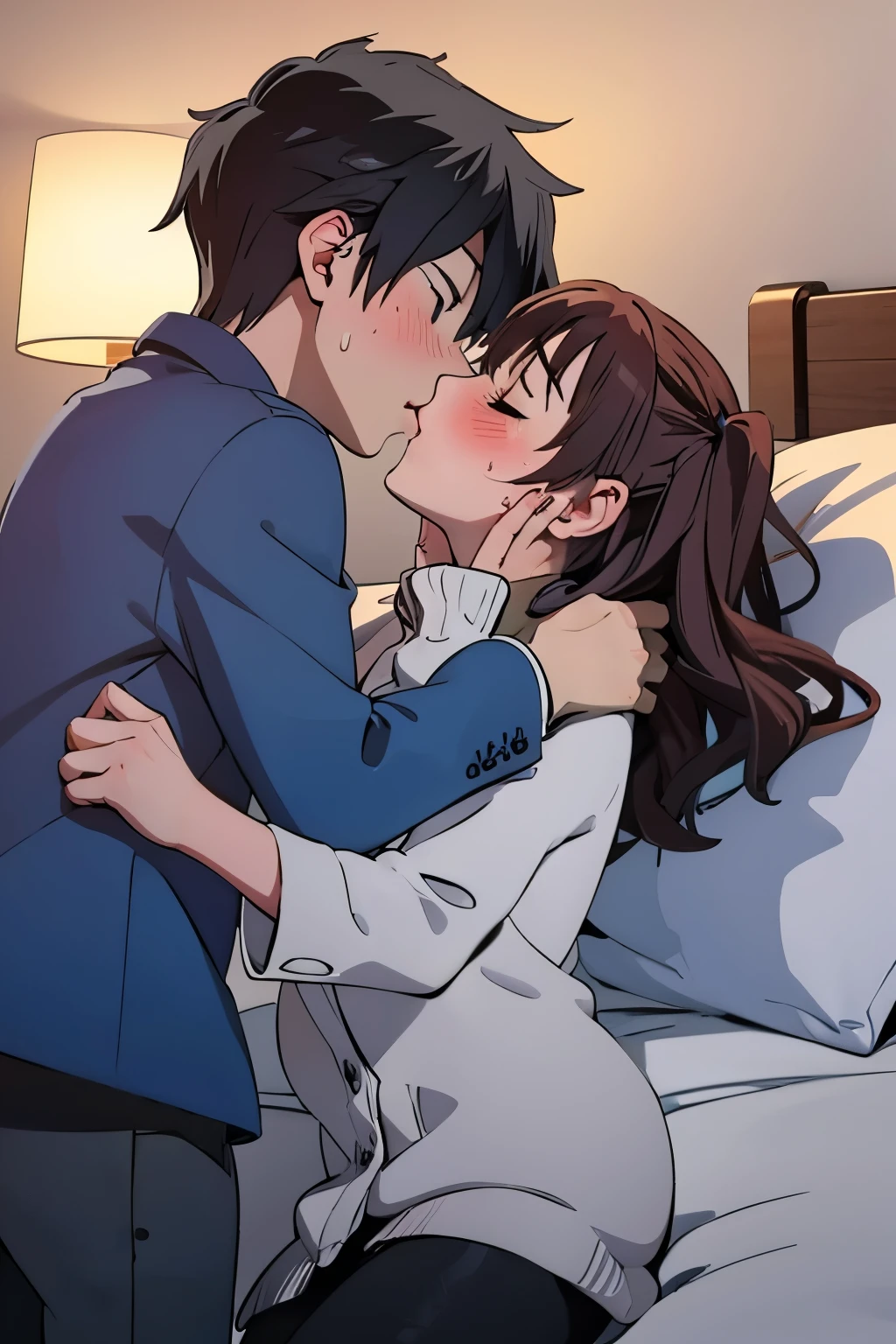 Boy and girl aggressively making out, on bed, night time, curious, nervous, blushing, sweating, first time