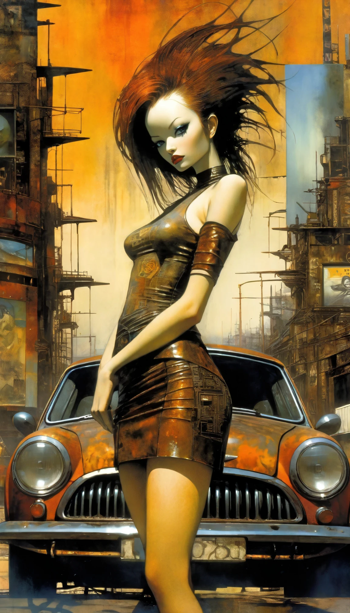road sign in the desert rusty smooth metal panel with screwed and welded parts, advertisement with a girl in lingerie, in the distance you can see a futuristic city (Dave Mckean inspired art, intricate details, oil painting)