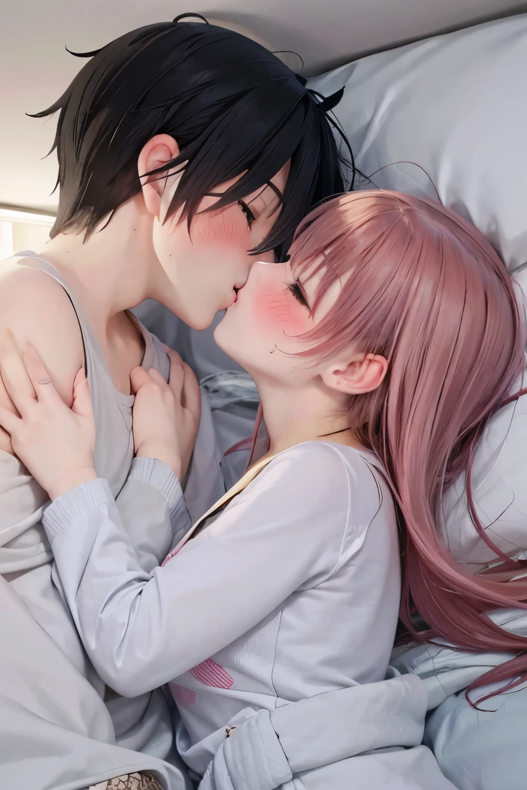 Boy and girl aggressively making out, on bed, night time, curious, nervous, blushing, sweating, first time