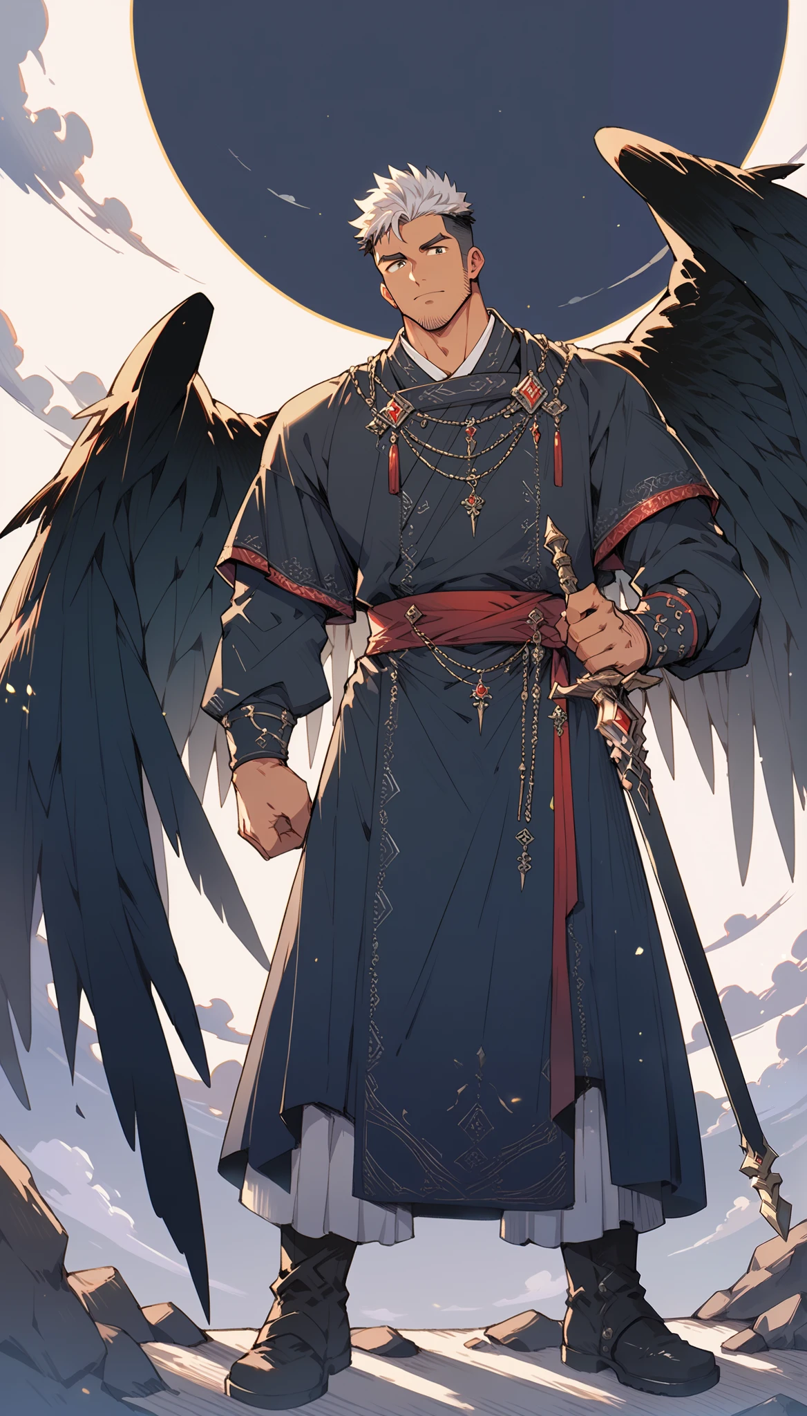 anime character: ((large black feather wings, large spreaded wings,)), slim male, masterpiece, male focus, mature, manly, short undercut, handsome male, manly, body shot, standing tall, standing, slim, looking at viewer, detailed eyes, night, moon, stubble, modern haircut, full body shot, large wings, best quality, fantasy commoner clothes, moonlight magic, mature, (manly), silver and black theme,