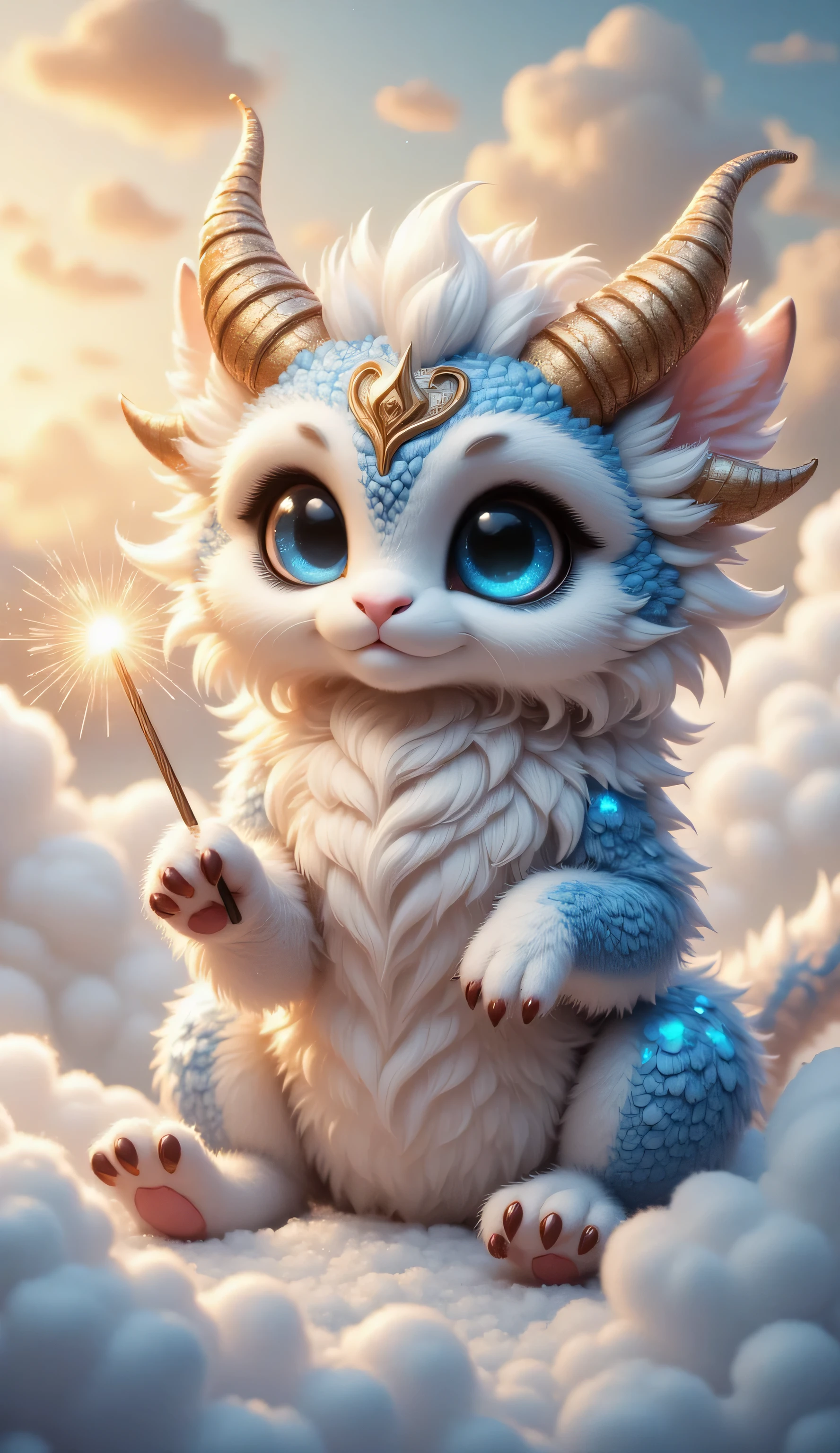 An adorable mythical creature resembling a fluffy kitten with dragon-like elements sits among soft clouds. It is extremely fluffy, with voluminous, airy, and soft fur shimmering in white and blue shades. It has huge, lively, shining blue eyes filled with joy and magic, reflecting light and sparks. On its head are curved golden horns with decorative patterns and an elegant golden diadem. Its front paws are adorned with small shimmering scales, reflecting blue and gold hues. In one paw, it holds a sparkling sparkler, casting magical light onto the fluffy clouds around. The background consists of a sky filled with airy clouds, painted in warm sunset tones, with soft light creating a fairy-tale atmosphere. The image is designed in a fantasy style with elements of magical realism, emphasizing soft textures, glowing details, and an enchanting ambiance. The color palette blends warm golden shades with delicate blue and white tones, forming a harmonious and dreamy scene.