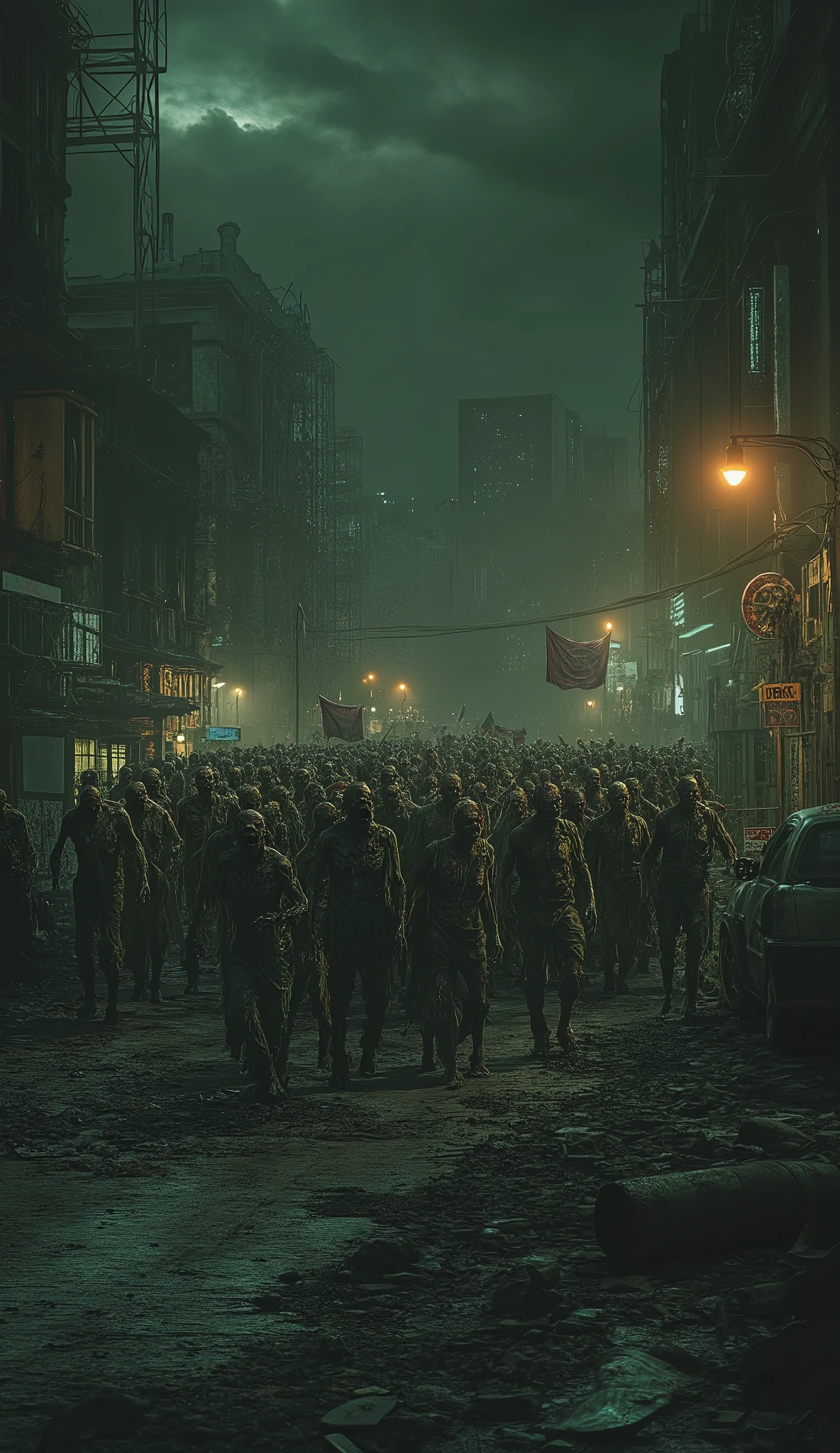 Night. ruined city. A crowd of zombies with flags is walking down the street. maximum quality . 8 k