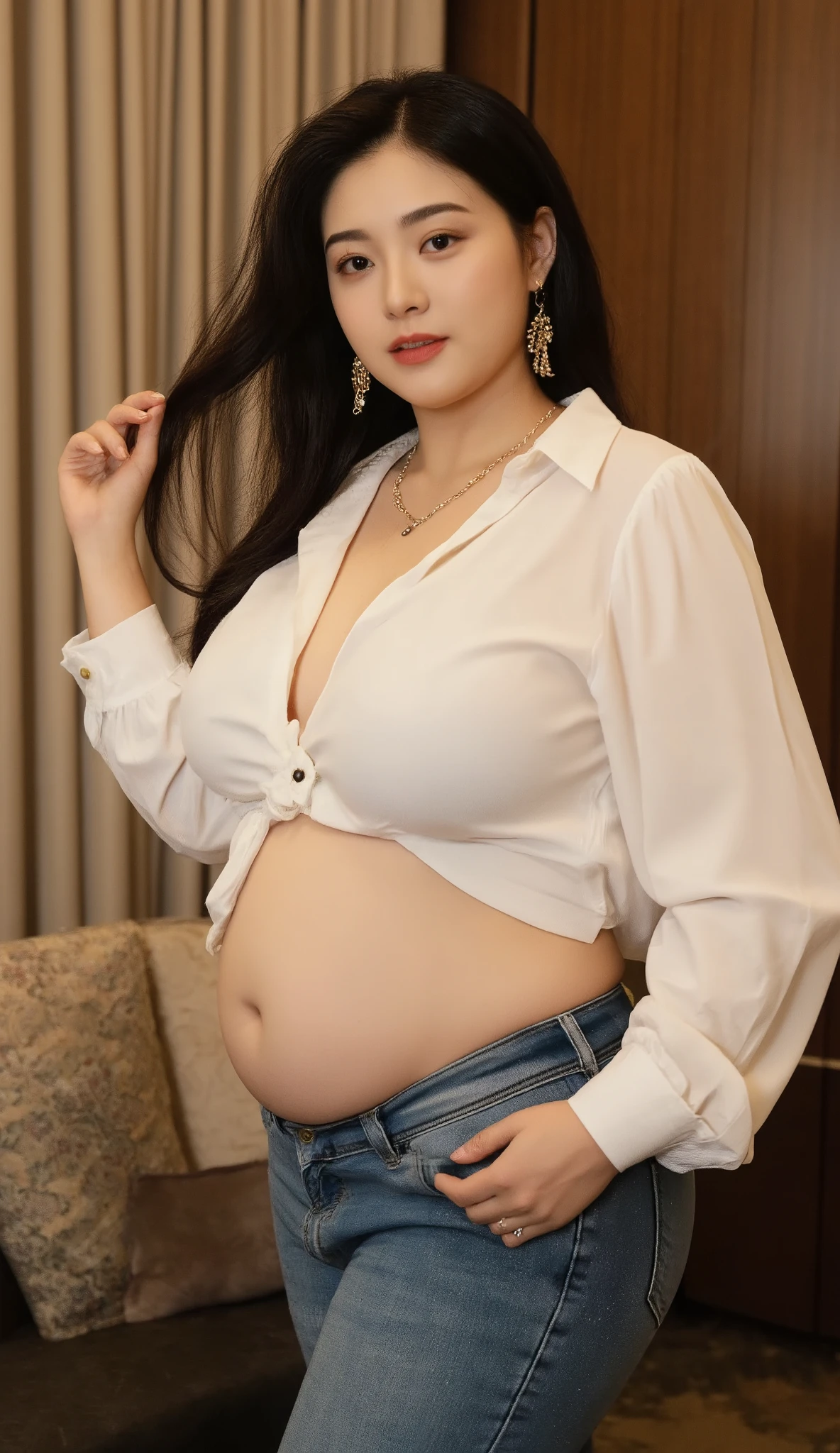 (Canon RF85mm f/1.2), (8K, RAW photos, best quality), (masterpiece), (Practical, photograph Practical), (Extremely detailed, High Detail, Best image quality, Super detailed, high resolution, Very detailed, Description of Extremely detailed, Super Fine, Extremely exquisite and beautiful work), Beautiful and delicate girl, Solo Girl, ((Perfect body)), Very detailed eyes and face, White skin, Noble beauty, ((Delicate skin texture, Pores)), Perfect anatomical structure, Delicate and beautiful body, Delicate face, Slim abs, Slim waist), Big buttocks, ((huge pregnant:1.4)), (Large Breasts, Breast enlargement), (cleveage), (Affectionate gaze, soulful eyes, Glowing eyes), (beautiful and clear eyes), (Bounce Curly Messy Long Hair), (Smile:1.2), (Fascinated expression), (Attractive appearance), ((Cardigan,Wedding dress)), ((Tight Fit)), ((Lace stockings)), ((wear glasses)), earrings, necklace, ((night)), ((Street view, moonlight)), Physically Based Rendering, Realistic lighting, (((Upper Body))), ((looking at the audience)), ((permanent)), ((Happy and shy))