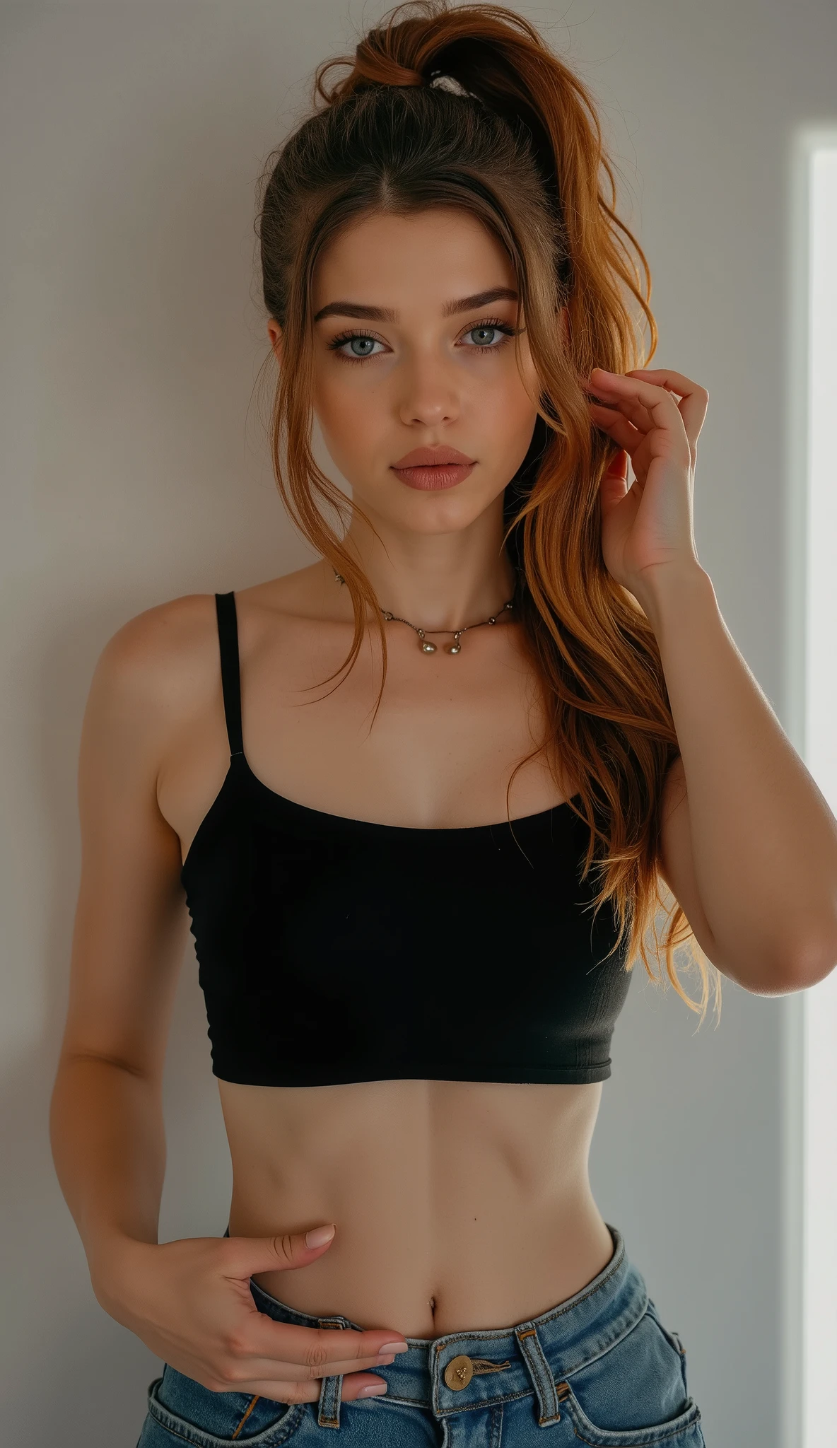 iphone photo, (beautiful Brazilian with European and Oriental features), 19 years old, Height: 1.75m, hot, (small breasts), (blue eyes), (thin and sexy body), (((long body))), skin texture, curves, visible and striking features, (minimalist girl illuminated by natural light), ((realistic light and shadows)), ((dark wavy reddish hair)),((white skin)), small nose piercing, masterpiece, best quality, Minimalist indoor environment with soft natural light and a loft, Black crop top and high-waisted jeans, showing a casual and sensual look, Illuminated skin, cat-eye eyeliner and nude lipstick. Hair tied in a messy ponytail. Staring at the camera, slightly tilted to the side, hand in hair.