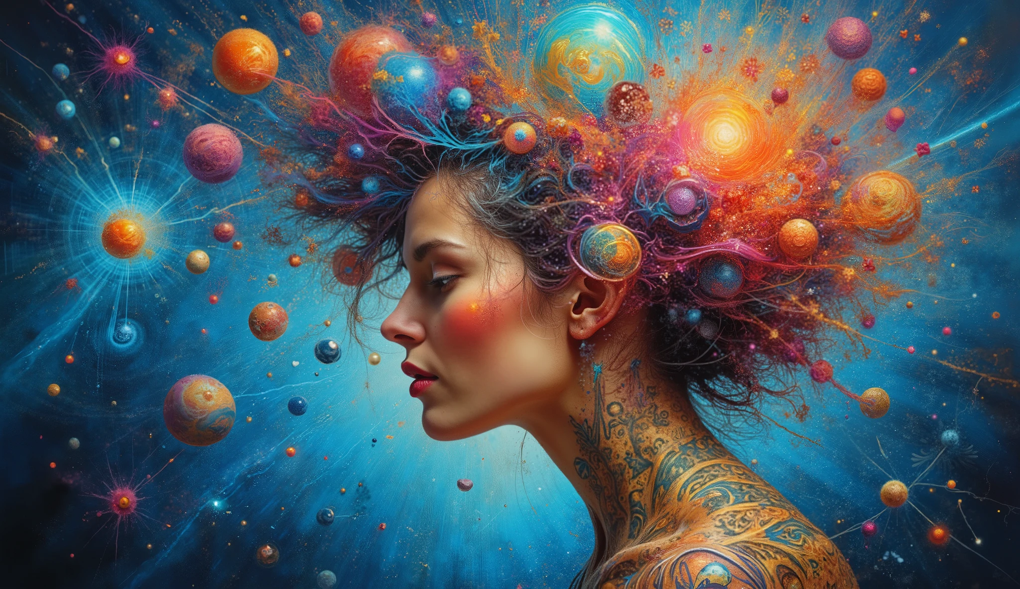 a profile of a woman with intricate tattoos on her shoulder. Her hair appears to blend with a vivid explosion of colors and shapes, symbolizing celestial elements like planets and cosmic phenomena. These elements emerge from her head, creating a surreal and dreamlike atmosphere. The background is a gradient of deep blues and whites, enhancing the ethereal quality of the piece. The overall composition evokes themes of creativity, connection to the universe, and the depths of imagination.