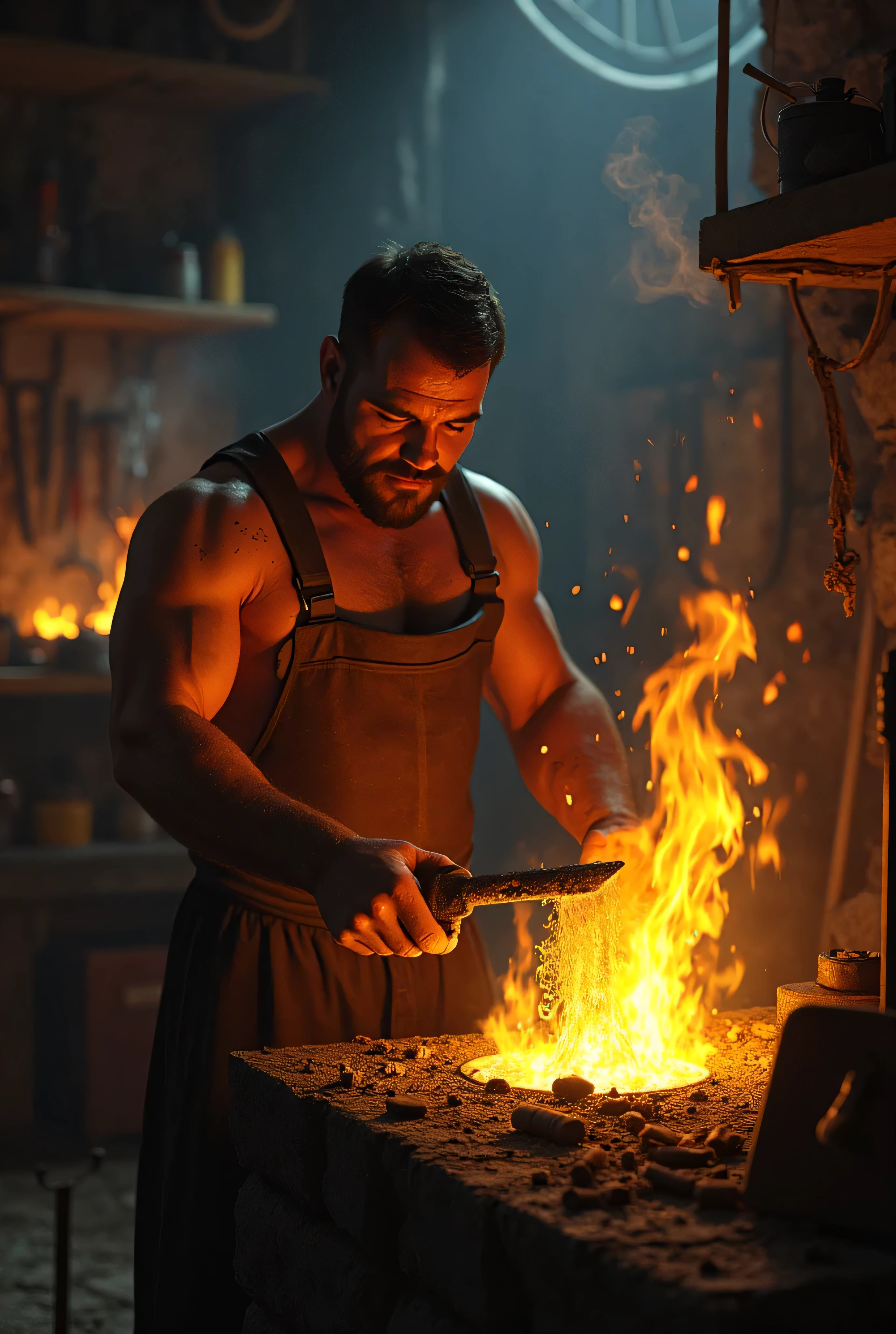 sexyblacksmith, gloves, naked apron, goggles, holding hammer, fire, anvil, spark, photo of a man forging a sword, realistic, masterpiece, intricate details, detailed background, depth of field