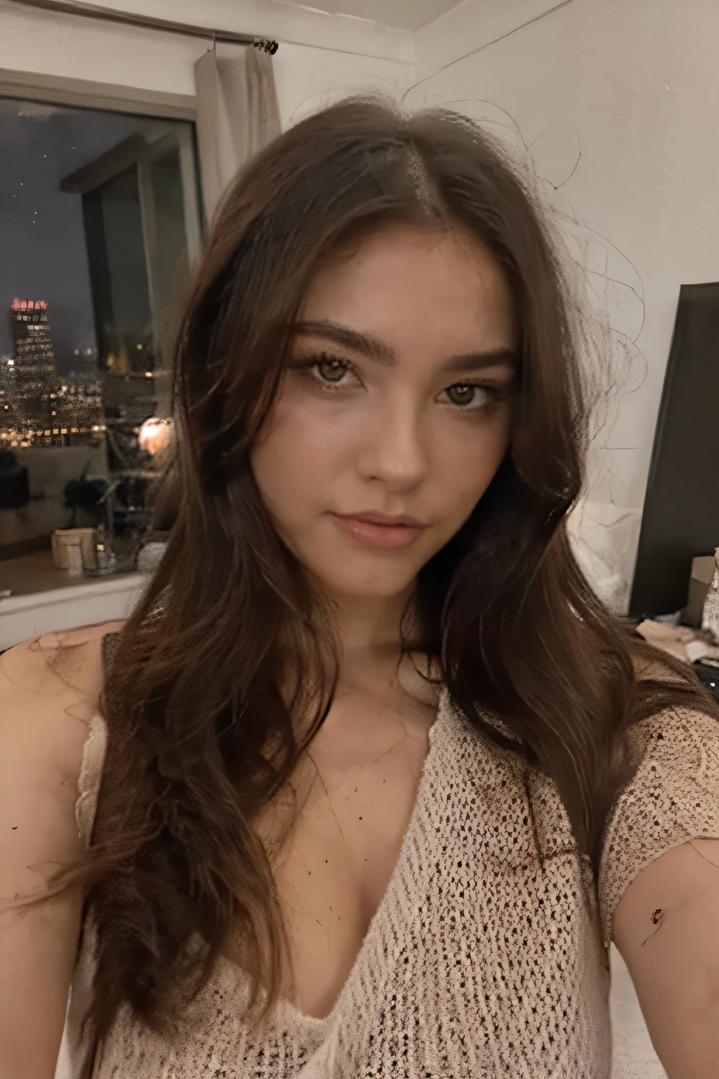 A highly realistic AI-generated portrait of a beautiful young woman with natural human-like features. She has medium-length, wavy chestnut brown hair that cascades softly around her face, deep brown eyes, smooth radiant skin, and well-defined facial proportions. She has a slim and elegant physique. Her expression is confident yet natural, with a soft smile or a slight pout as she takes a casual selfie. She holds a modern smartphone in one hand, angling it slightly above eye level for the perfect shot.

The setting is a dimly lit bedroom at night, illuminated by soft ambient lighting such as neon LED strips, fairy lights, or the gentle glow from a computer screen. The background is blurred but features a cozy, modern gaming or streaming setup, with a dark aesthetic enhanced by cool-toned blue, purple, or pink lights. Her face is subtly highlighted by the soft glow from the phone screen, casting realistic shadows that enhance depth and realism giving a kiss for camera.
"A young girl sits on the balcony of a tall building at night. The surroundings are dark, with only the faint glow of the moon illuminating her face. She wears a light outfit, and her hair is slightly tousled by the night breeze. Below, the city sparkles with distant lights, creating a contrast between her solitude and the urban movement. Her expression is melancholic, as if she is lost in deep thoughts. The background features skyscrapers and illuminated win
She is dressed in a comfortable yet stylish outfit, such as an oversized hoodie, an off-the-shoulder sweater, or a sleek crop top. Her makeup is minimal but enhances her beauty with subtle eyeliner, lightly flushed cheeks, and soft pink or nude lips, in the streets, night low lights, selfie photo.

The composition of the image is well-balanced, with high attention to detail in the texture of the skin, hair strands, and lighting effects. The overall atmosphere is warm and intimate, evoking a sense of realism and natural beauty in a nighttime setting
