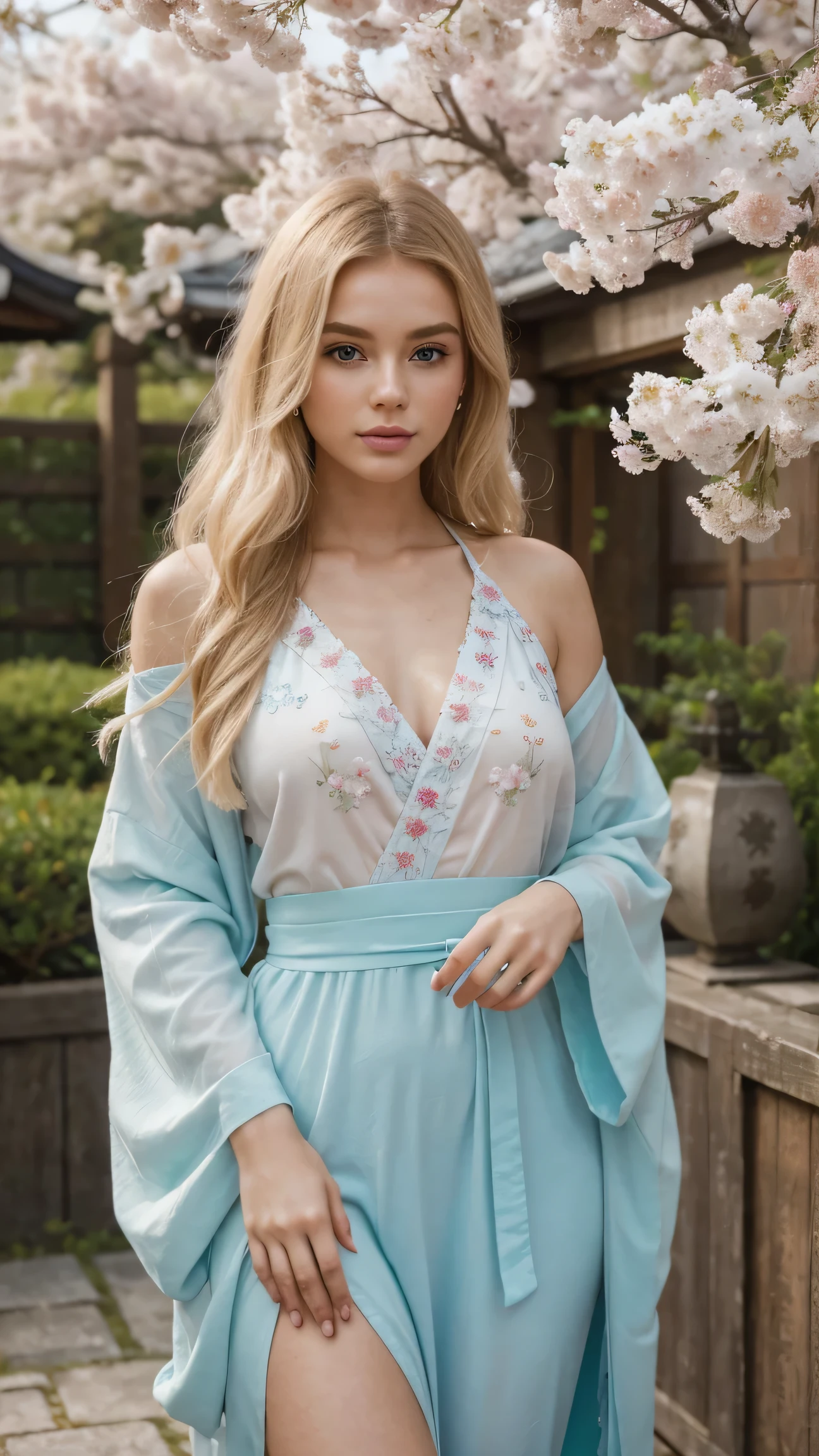 The 23-year-old Russian-Norwegian influencer strolls through a quiet Kyoto temple garden, wearing a delicate pastel kimono with intricate floral embroidery. Her blonde hair is adorned with subtle pearl pins, and her emerald-blue eyes reflect the soft pink hues of cherry blossoms drifting in the breeze. The scent of jasmine and distant temple bells add to the peaceful ambiance. UHD, high detail, tranquil springtime aesthetic.
Perfect anatomy, perfect hands, perfect hair, perfect body, UHD, high-quality, high-res, award-winning. Perfect anatomy, Perfect eyes, perfect hands, perfect body, perfect hair, perfect breast, accurate, UHD, retina, masterpiece, anatomically correct, textured skin, super detail, high details, high quality, award winning, best quality, highres, 16k, 8k