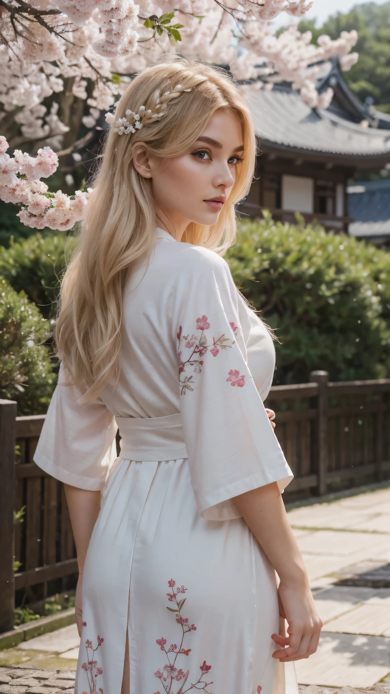 The 23-year-old Russian-Norwegian influencer strolls through a quiet Kyoto temple garden, wearing a delicate pastel kimono with intricate floral embroidery. Her blonde hair is adorned with subtle pearl pins, and her emerald-blue eyes reflect the soft pink hues of cherry blossoms drifting in the breeze. The scent of jasmine and distant temple bells add to the peaceful ambiance. UHD, high detail, tranquil springtime aesthetic.
Perfect anatomy, perfect hands, perfect hair, perfect body, UHD, high-quality, high-res, award-winning. Perfect anatomy, Perfect eyes, perfect hands, perfect body, perfect hair, perfect breast, accurate, UHD, retina, masterpiece, anatomically correct, textured skin, super detail, high details, high quality, award winning, best quality, highres, 16k, 8k