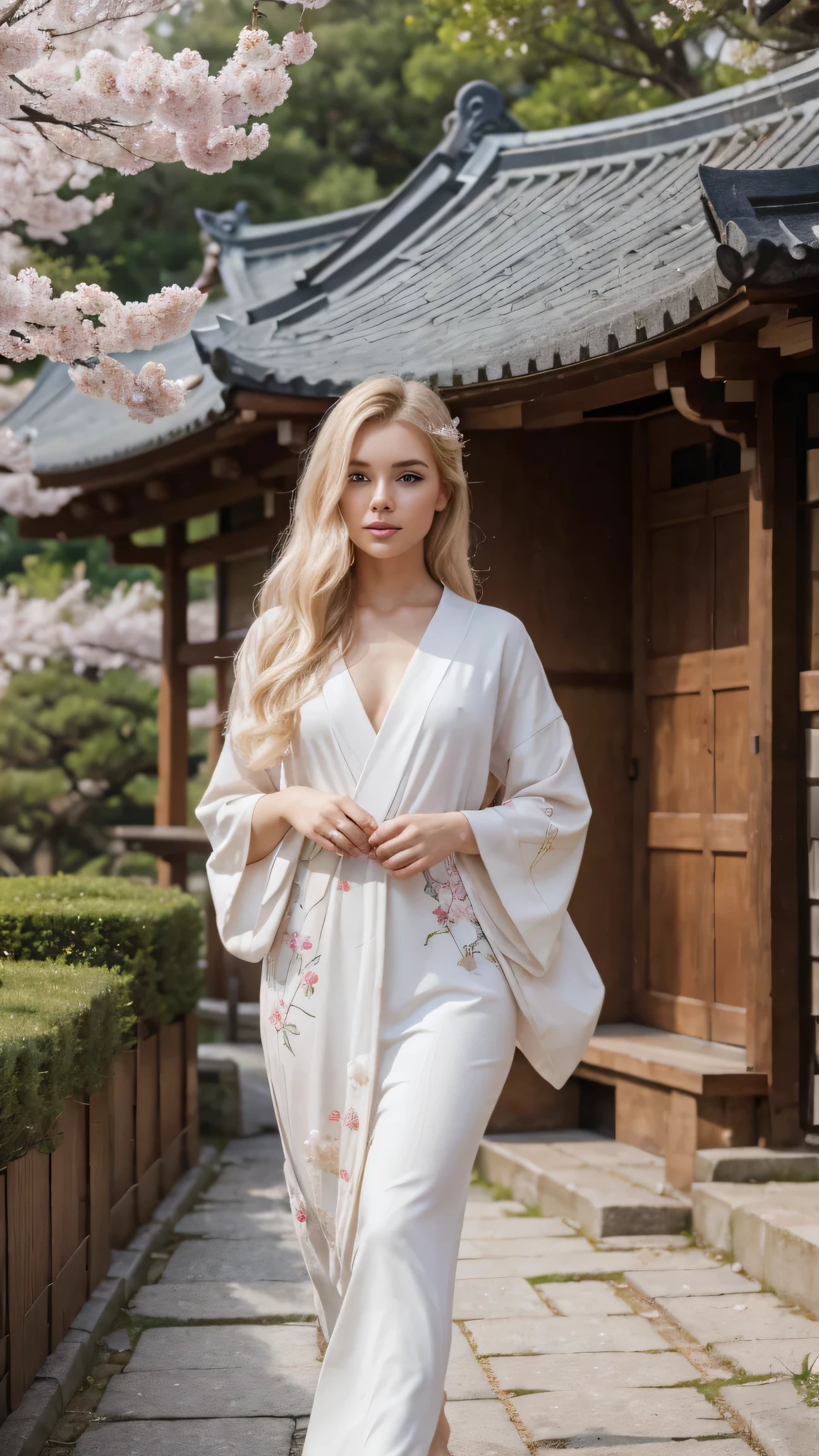 The 23-year-old Russian-Norwegian influencer strolls through a quiet Kyoto temple garden, wearing a delicate pastel kimono with intricate floral embroidery. Her blonde hair is adorned with subtle pearl pins, and her emerald-blue eyes reflect the soft pink hues of cherry blossoms drifting in the breeze. The scent of jasmine and distant temple bells add to the peaceful ambiance. UHD, high detail, tranquil springtime aesthetic.
Perfect anatomy, perfect hands, perfect hair, perfect body, UHD, high-quality, high-res, award-winning. Perfect anatomy, Perfect eyes, perfect hands, perfect body, perfect hair, perfect breast, accurate, UHD, retina, masterpiece, anatomically correct, textured skin, super detail, high details, high quality, award winning, best quality, highres, 16k, 8k