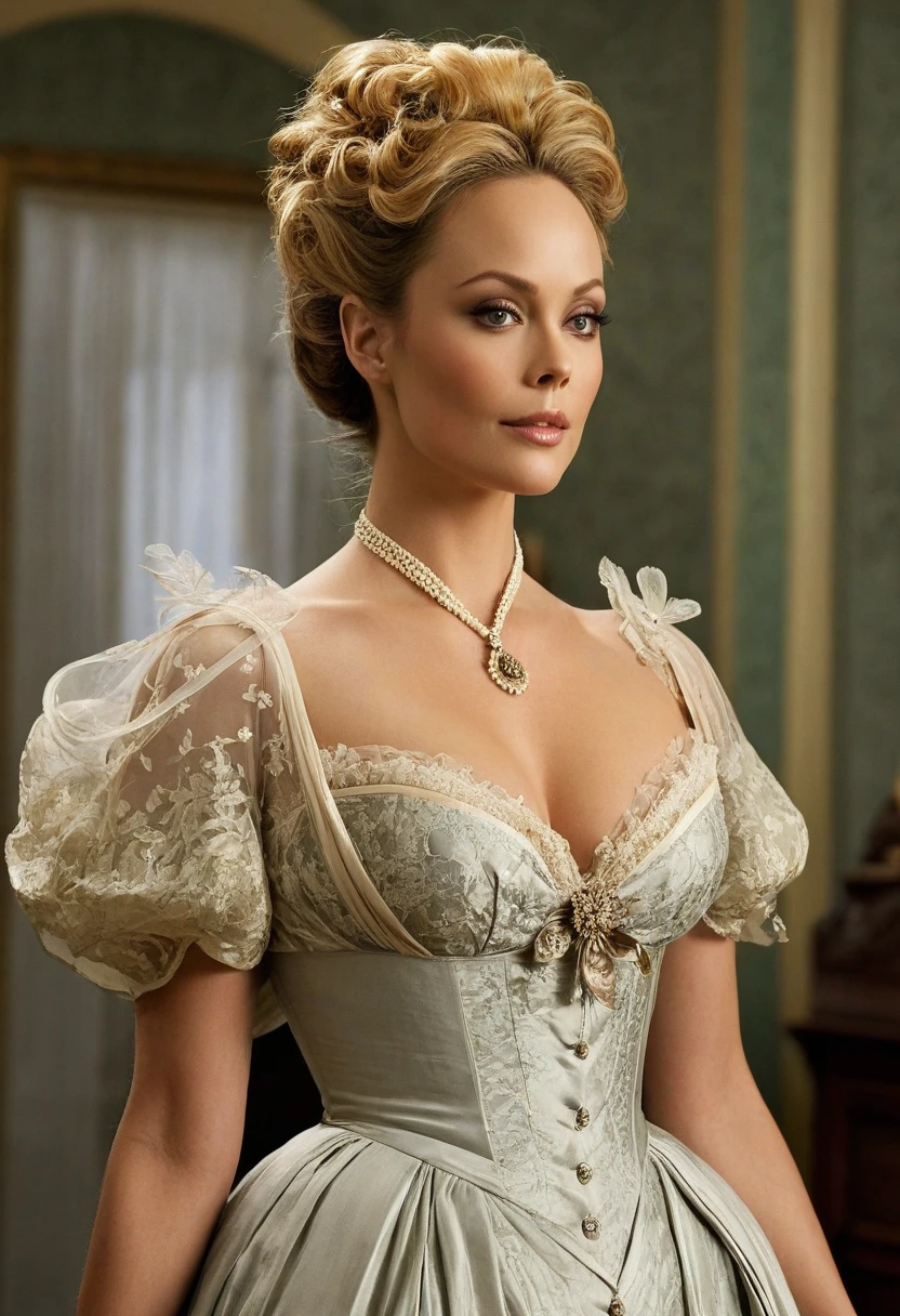 A beautiful Aristacrat goddess with large elegant, hawk-like-nose, who embodies old fashioned class, sophistication, elgance as well as wholesome, natural beauty. curvy, thin-waist, wide-hips, swaying-hips. Laura Vandervoort. Oppulent historically accurate victorian dress.