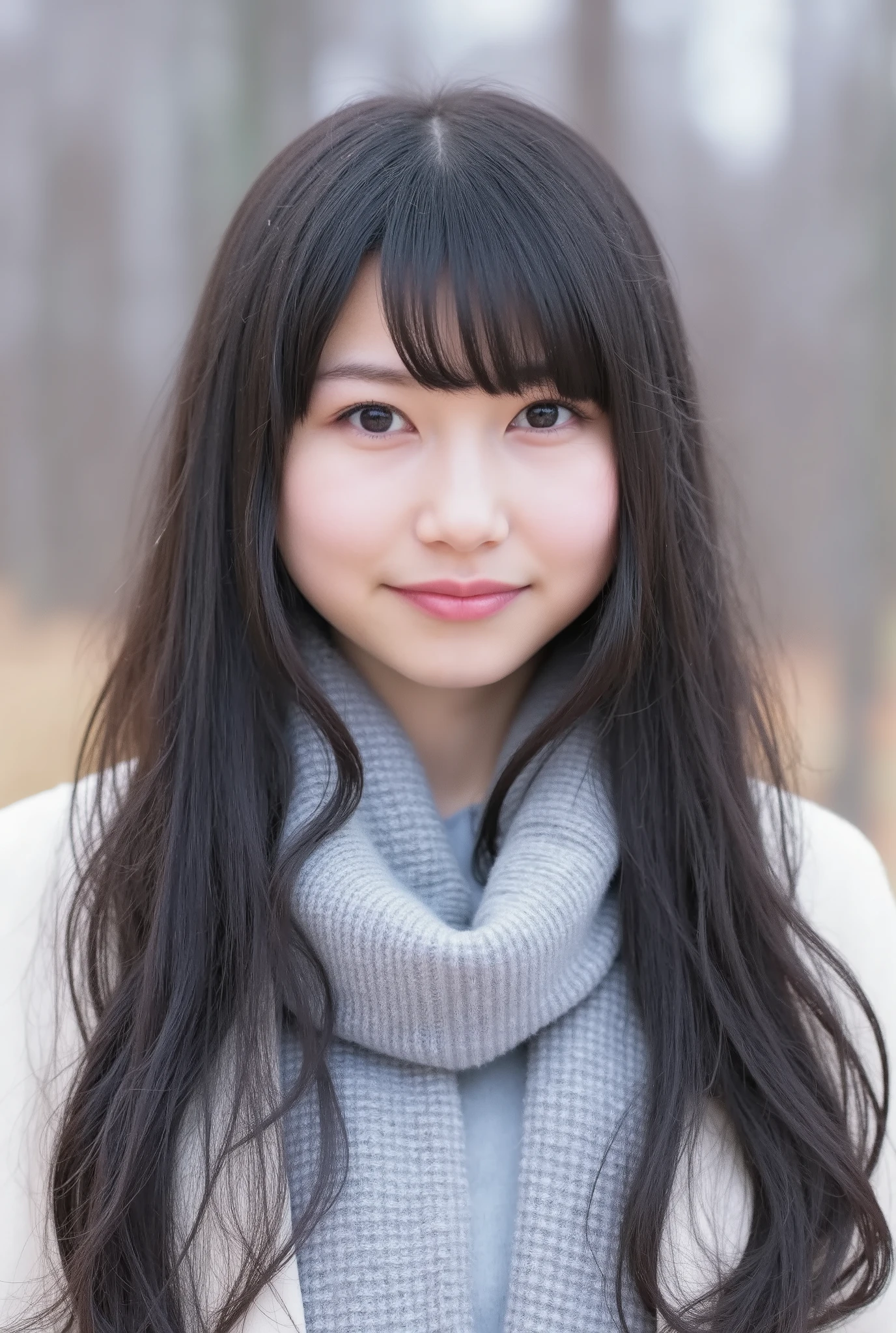 Winter landscape ,(( to show only your face 、 face up ))、( by Nomi、 Photorealistic、 super high resolution、 Sold in bulk only 、 top quality、masterpiece、 super high resolution)、 cute Japanese woman 、、 female college student、、 light makeup with iphone14、 one girl、 has bangs、 double eyelids、 droopy eyes 、 big black eyes、 The Face of Japan 、smile、 charming、purity、 cute smile、 double tooth 、 Please see here 、 by Nomiな肌質、Thick muffler、 gray scarf 、 fluffy hair、 curled hair 、 赤い頬 、 the wind is blowing 、 it's snowing 、Lighting from behind