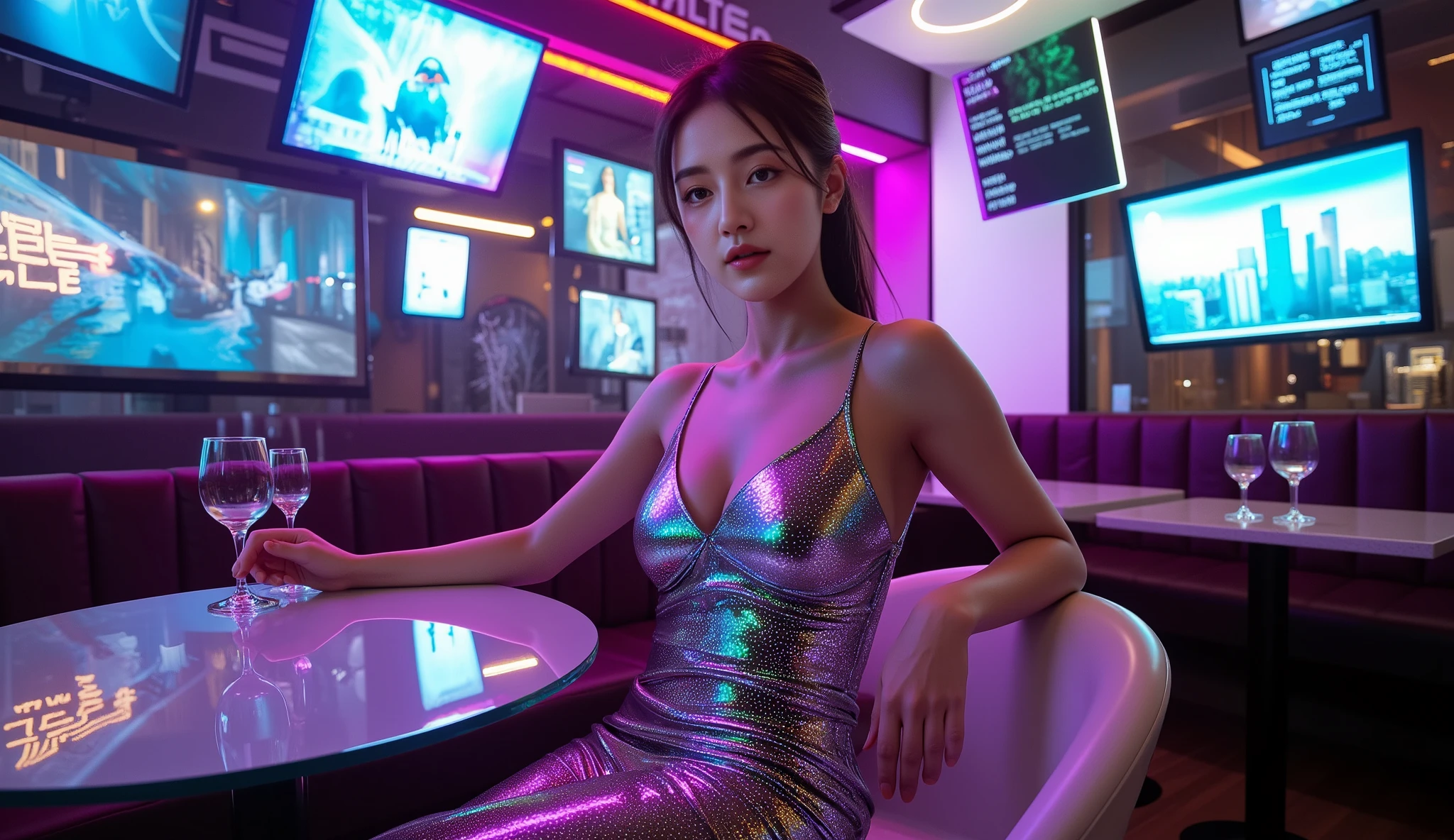 Seated gracefully in a high-end cyberpunk café, the member is surrounded by floating holographic screens displaying abstract data streams and vibrant city advertisements. She wears a shimmering metallic dress with a fluid, almost liquid-like texture, designed with micro-reflective panels that shift between deep purples and electric blues. Her futuristic makeup includes iridescent accents that subtly mirror the surrounding neon hues, and her eyes are highlighted with a thin trail of bioluminescent eyeliner.

Details: The ambient lighting intertwines purple and green tones, casting an ethereal glow across her outfit. The café interior is filled with sleek, digital elements—floating menu screens, transparent tables with embedded circuitry, and softly pulsating neon light strips.