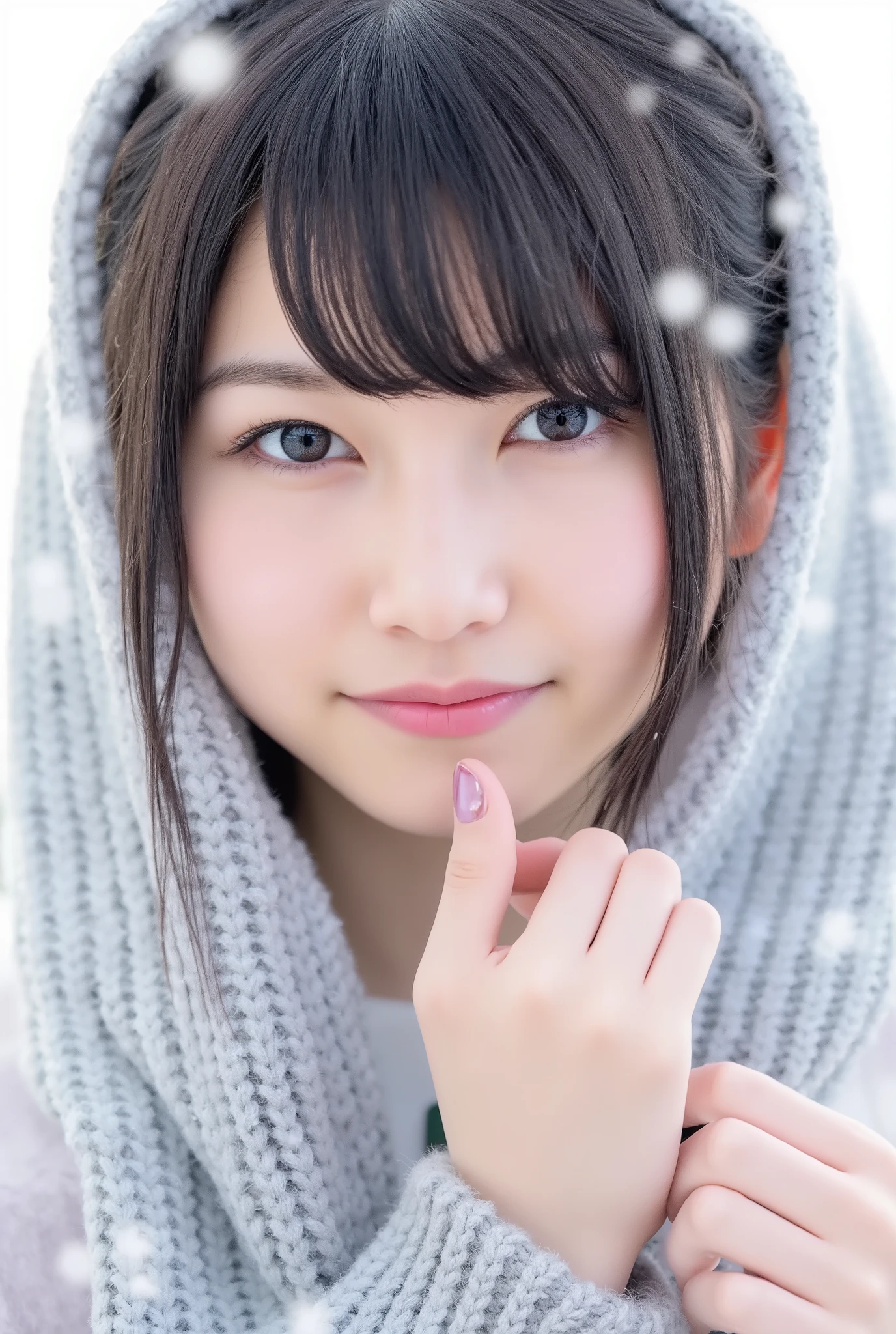 Winter landscape ,(( to show only your face 、 face up ))、( by Nomi、 Photorealistic、 super high resolution、 Sold in bulk only 、 top quality、masterpiece、 super high resolution)、 cute Japanese woman 、、 female college student、、 light makeup with iphone14、 one girl、 has bangs、 double eyelids、 droopy eyes 、 big black eyes、 The Face of Japan 、smile、 charming、purity、 cute smile、 double tooth 、 Please see here 、 by Nomiな肌質、Thick muffler、 gray scarf 、 fluffy hair、 curled hair 、 赤い頬 、 the wind is blowing 、 it's snowing 、Lighting from behind