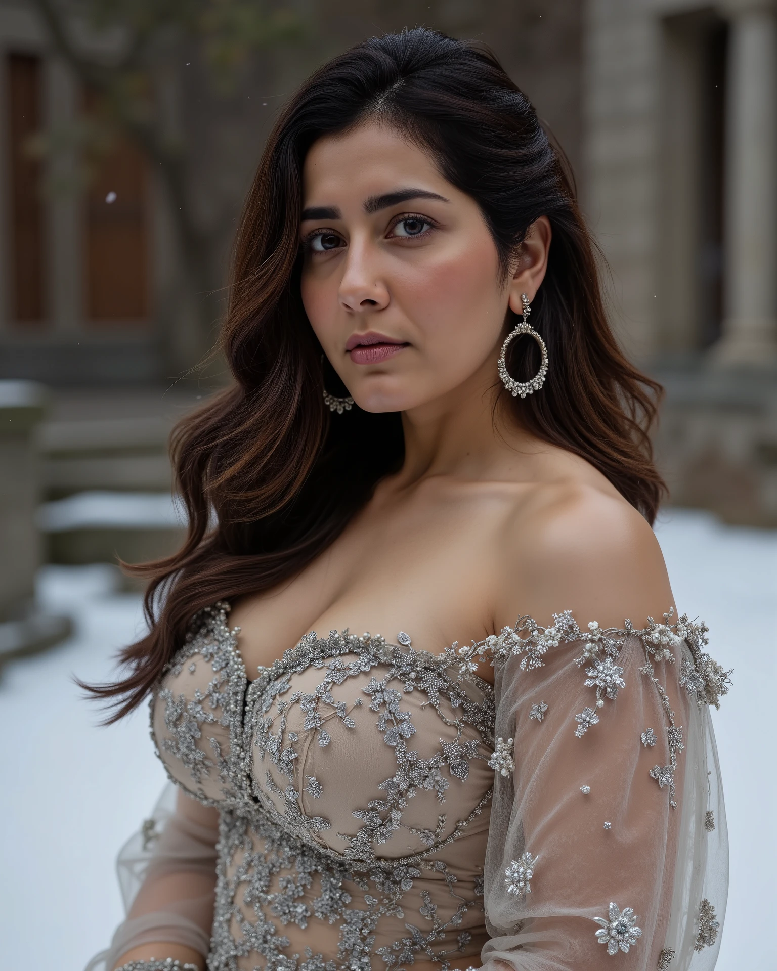 Raashi Khanna, Huge Breasts, seductive pose, beauty lady, (hot), masutepiece, High quality, UHD 32K, Realistic face, Realistic skin feeling, 1 matured lady, FLAT CHEST, (Day time at Palace), look In front at the camera and sadness, DARK BROWN FLUORESCENT LIPS, brown hair, blue colour bright eyes, very white skin and rosy cheeks, embarrassing cheeks, Floral Pattern, wearing Game of thrones house house stark snow outfit, snow ground in game of thrones in background ,game of thrones universe