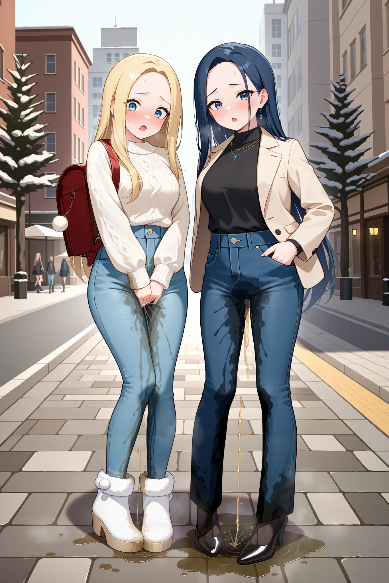 ((best quality, masterpiece:1.3, 8K)), (detailed), highly detailed face and skin texture, detailed eyes, downtown, full body, slender body, 2girls, 25 years old, white skin, bright lips, scared, worried, embarrassed, panicking, long hair, (forehead:1.0), jeans pants, flares jeans, blue jeans, peeing jeans, peeing pants, pee stain, (wetting herself:1.5, desperation:1.5),