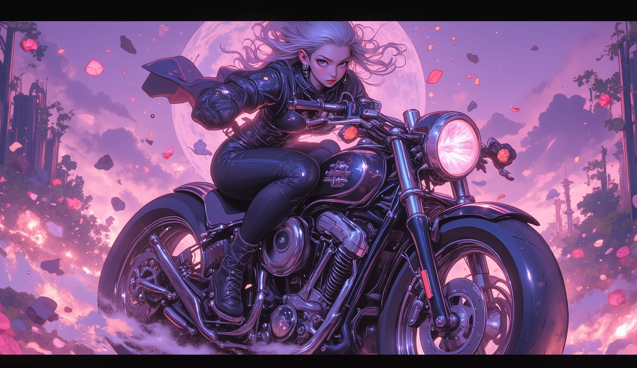 ( Masterpiece ,8 k,16 thousand.,wallpaper),( best illustration), A day with my gothic girlfriend ,( woman in a gothic black biker suit , motorcycle riding :2.0),( races at super high speed on a motorcycle along the road , where black roses blossomed :2.0),( gothic black motorcycle style :2.0),( representing superluminal speed with beautiful white lines of light :2.0),( visual effect :2.0),( motion blur :2.0),( countless black rose petals , dancing in the air :2.0),(Stylish:2.0),( has a purple background ),( dynamic :2.0),( hair flutter in the wind :2.0)