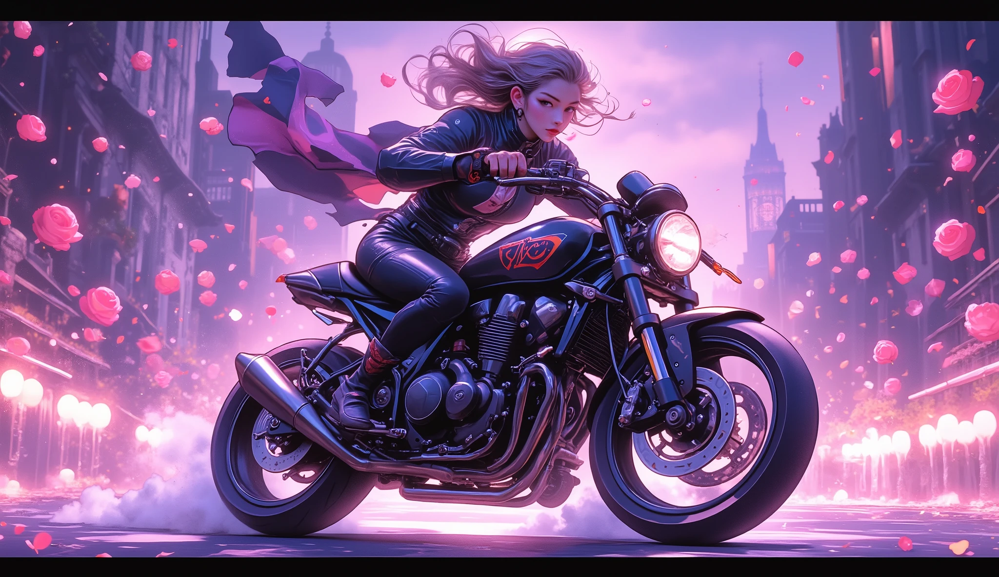 ( Masterpiece ,8 k,16 thousand.,wallpaper),( best illustration), A day with my gothic girlfriend ,( woman in a gothic black biker suit , motorcycle riding :2.0),( races at super high speed on a motorcycle along the road , where black roses blossomed :2.0),( gothic black motorcycle style :2.0),( representing superluminal speed with beautiful white lines of light :2.0),( visual effect :2.0),( motion blur :2.0),( countless black rose petals , dancing in the air :2.0),(Stylish:2.0),( has a purple background ),( dynamic :2.0),( hair flutter in the wind :2.0)