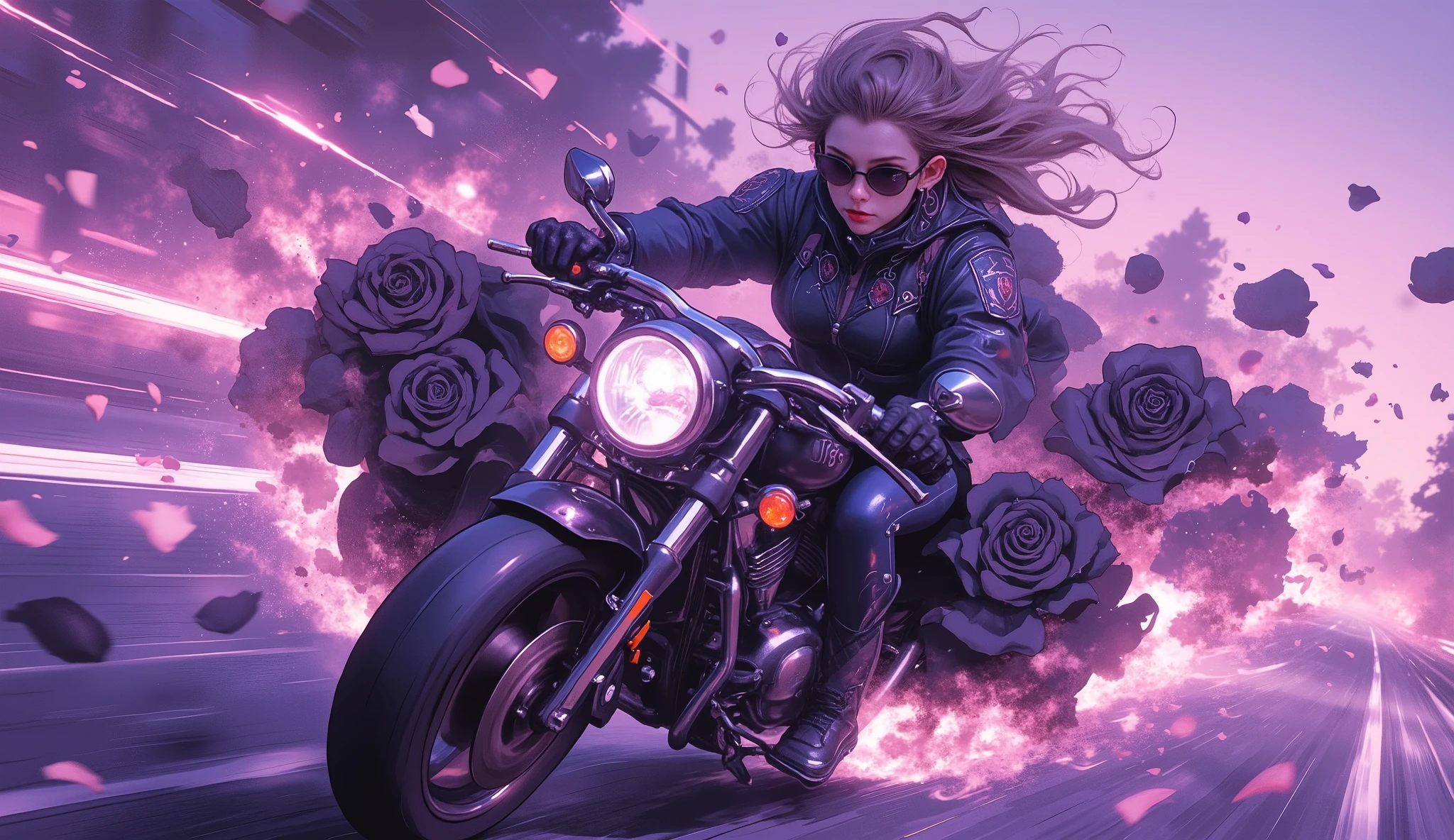 ( Masterpiece ,8 k,16 thousand.,wallpaper),( best illustration), A day with my gothic girlfriend ,( woman in a gothic black biker suit , motorcycle riding :2.0),( races at super high speed on a motorcycle along the road , where black roses blossomed :2.0),( gothic black motorcycle style :2.0),( representing superluminal speed with beautiful white lines of light :2.0),( visual effect :2.0),( motion blur :2.0),( countless black rose petals , dancing in the air :2.0),(Stylish:2.0),( has a purple background ),( dynamic :2.0),( hair flutter in the wind :2.0)