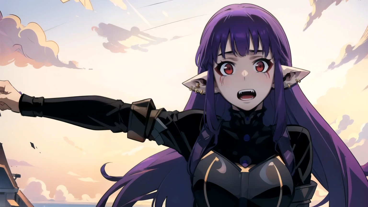 ( Masterpiece ,  Luchshee Kachestvo),   intricate details ,
 1girl,     1girl, ,  earrings,  facial tag , fangs,  long hair,  Looking at the viewer ,  open mouth,  pointy ears ,  tail,  purple hair,  Red eyes , One,  upper body , very  long hair