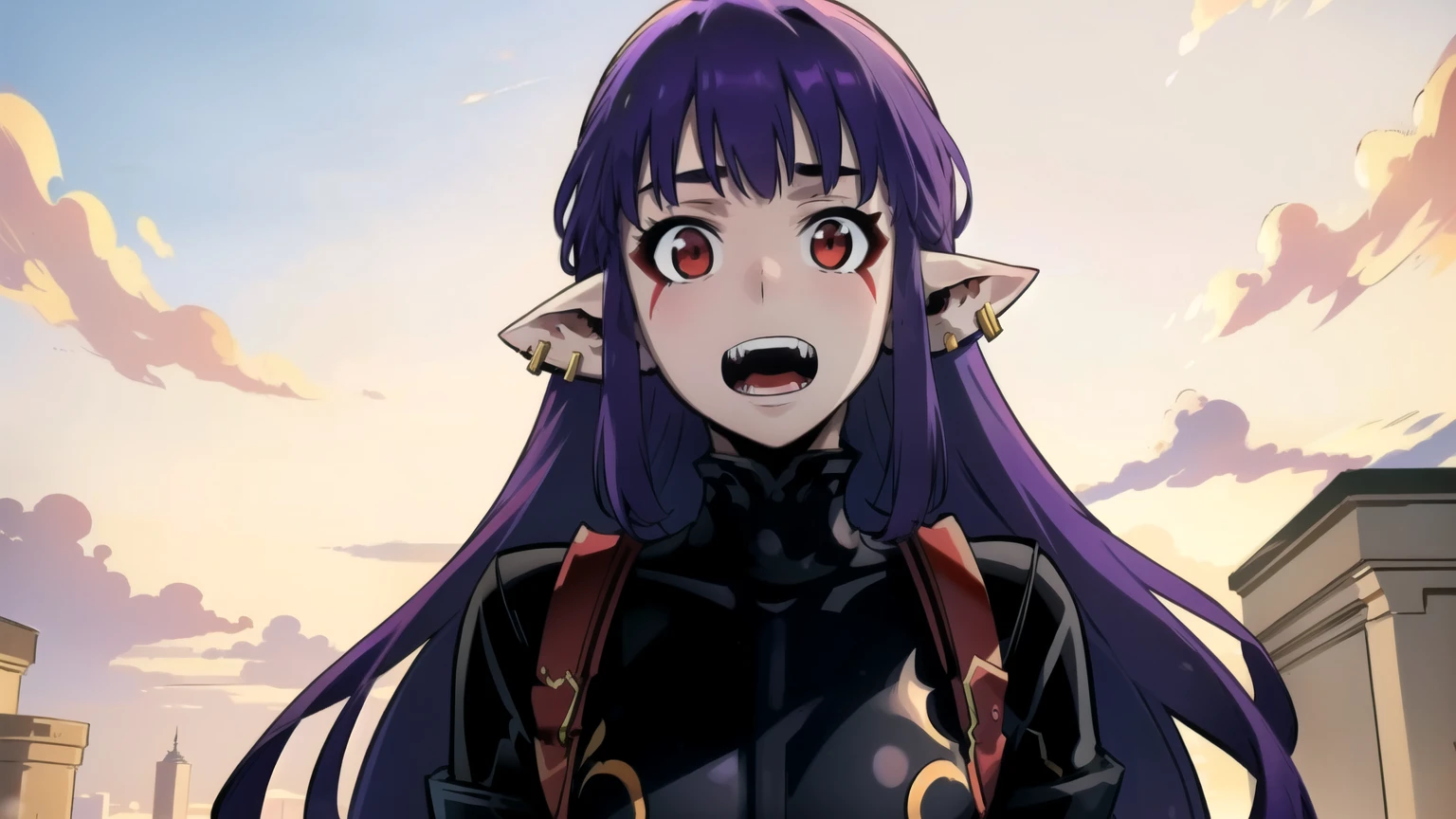 ( Masterpiece ,  Luchshee Kachestvo),   intricate details ,
 1girl,     1girl, ,  earrings,  facial tag , fangs,  long hair,  Looking at the viewer ,  open mouth,  pointy ears ,  tail,  purple hair,  Red eyes , One,  upper body , very  long hair