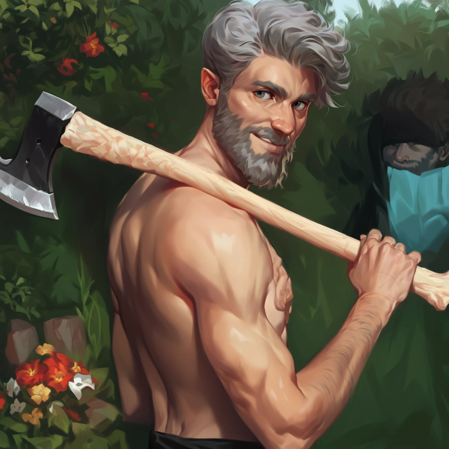 ((A man with a beard and a blue shirt on his arm)), (Full Body Shot pose), (soft shading), (((4k, hi-res, Ray tracing))), ((((extremely detailed sweat drops, glistening body,sweating armpits)))), (((five fingers, detailed hands))), ((detailed face, detailed eyes)), by zackarry911, by zaush, by personalami, looking at viewer, (((old and wise))), shirtless, 1boy, (((body hair))), standing, closed mouth, (((armpit hair, beard, body hair, chest hair, arm hair, hairy feet, hairy belly, hairy thighs))), (((muscular, six-pack,hard nipples))), male focus, black hair, (((naked, nude))), nature, captain hat, (((extremely detailed penis vein, erected penis, precum,condom on his penis))), ((human, human penis))