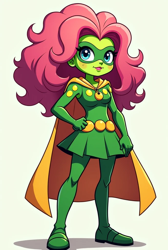 Cell turned into a superhero that has hair that is tall, that has a cape, that has a skirt, that the face is green with yellow spots, that the arms are green and the legs are also called Pinki, that has a mask and that has a skirt and that has glasses



