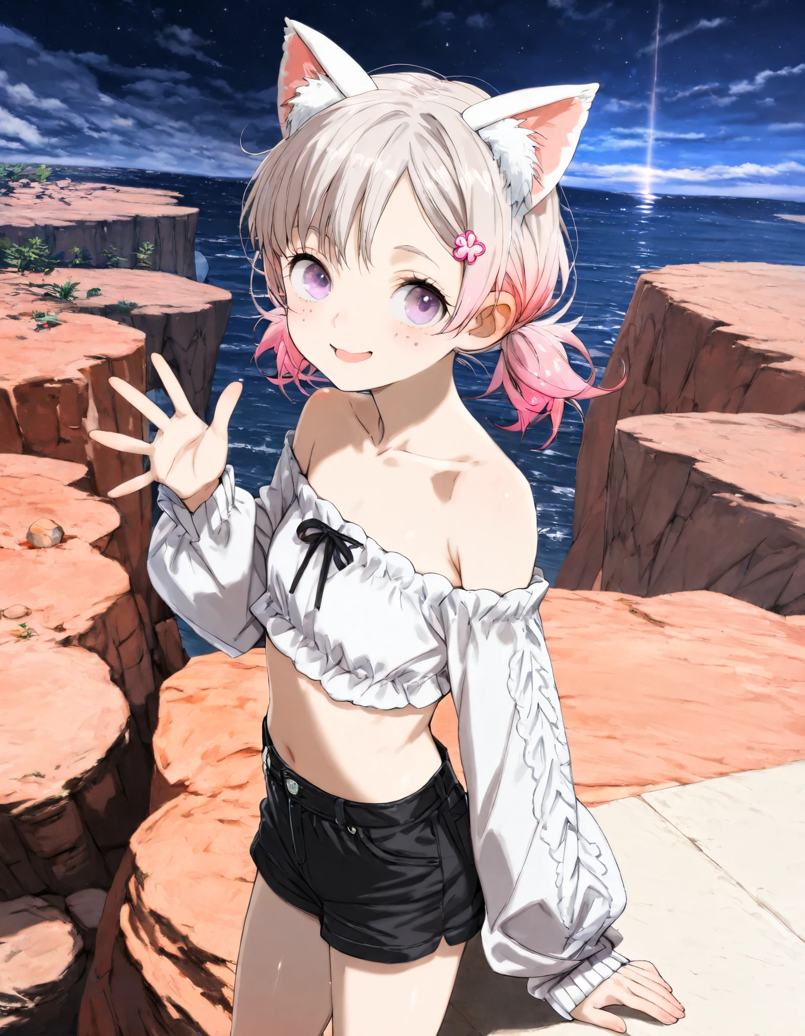 ((toi8 style)), ((Masterpiece)), ((best quality)), (8K), (detailed background:1.2), (super detail:1.2),(High Definition:1.3), (Professional Photography:1.2), (very aesthetic:1.2), (absurdres:1.2), (sharp focus), ((1girl)), e young Girl, (Textured skin), Big eyes, (pale purple eyes, gradient eyes looking at side), platinum-gold hair, (Asymmetrical bangs), gradient hair, (pink color Hair Tip), (short pigtails, low pigtails), (small breast, Healthy body), ((naughty smile)), open mouth, (cute cheeks), glossy lips, pouty lips, (lower eyelashes), (tilt head), (put on cat ears), Beautiful collarbones, BREAK, ((Off-shoulder white long sleeves, Cute ruffles, strapless)), black short pants, waving hand, (standing on the Beautiful Cliffs), outdoors, at midnight, moonlight,